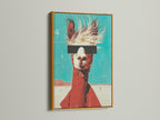 Llama canvas print in a gold frame. The gold frame adds elegance to the quirky artwork. Retro teal and orange modern art stands out. It is perfect for a studio or living room.