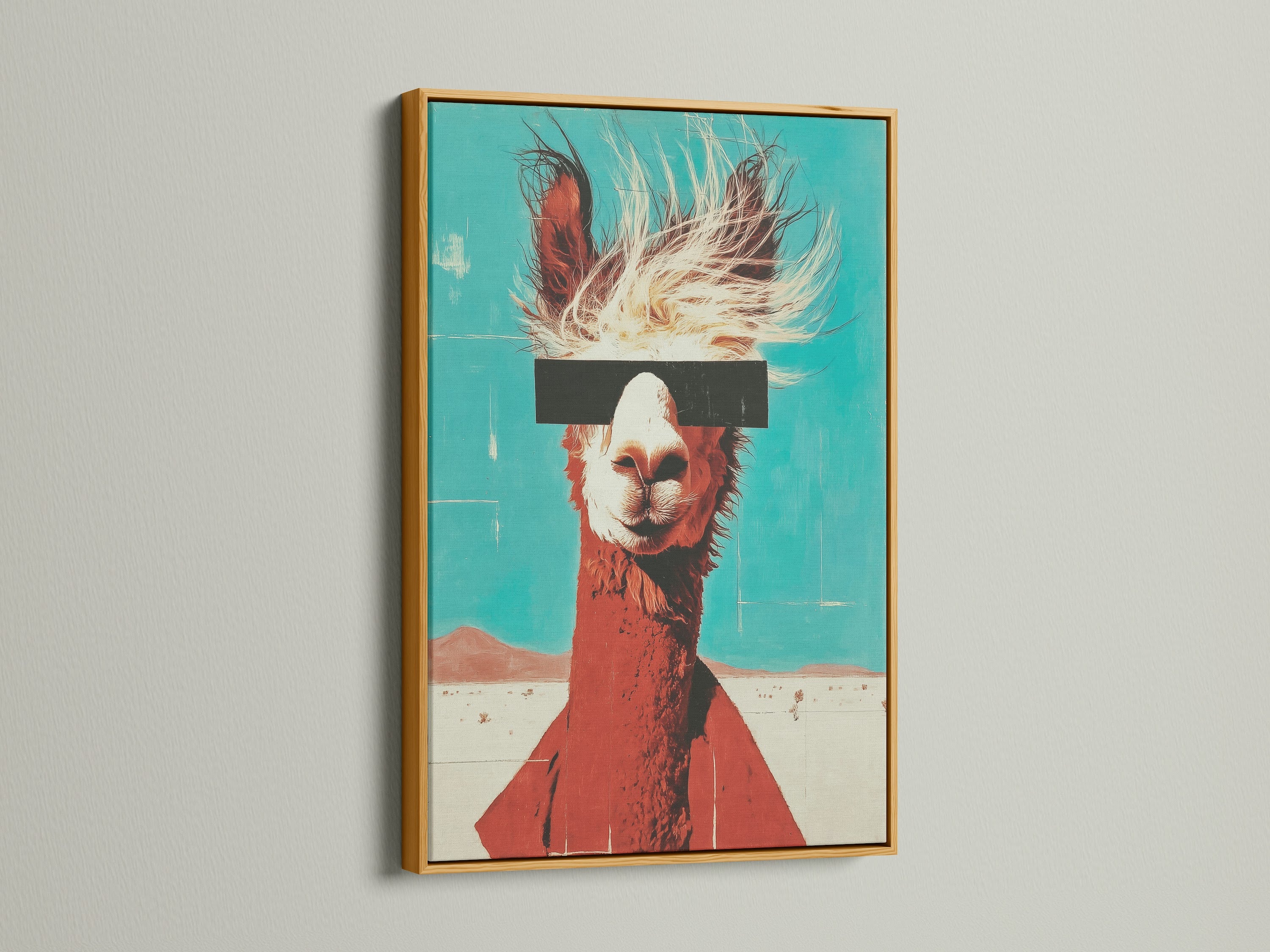 Llama canvas print in a gold frame. The gold frame adds elegance to the quirky artwork. Retro teal and orange modern art stands out. It is perfect for a studio or living room.