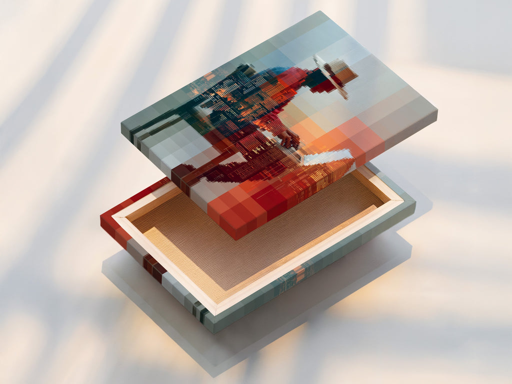 Stretched canvas print featuring abstract pixelated figure art. The contemporary glitch art makes a bold statement. It's a perfect piece of wall art for any modern office. This digital art portrait is ready to hang.