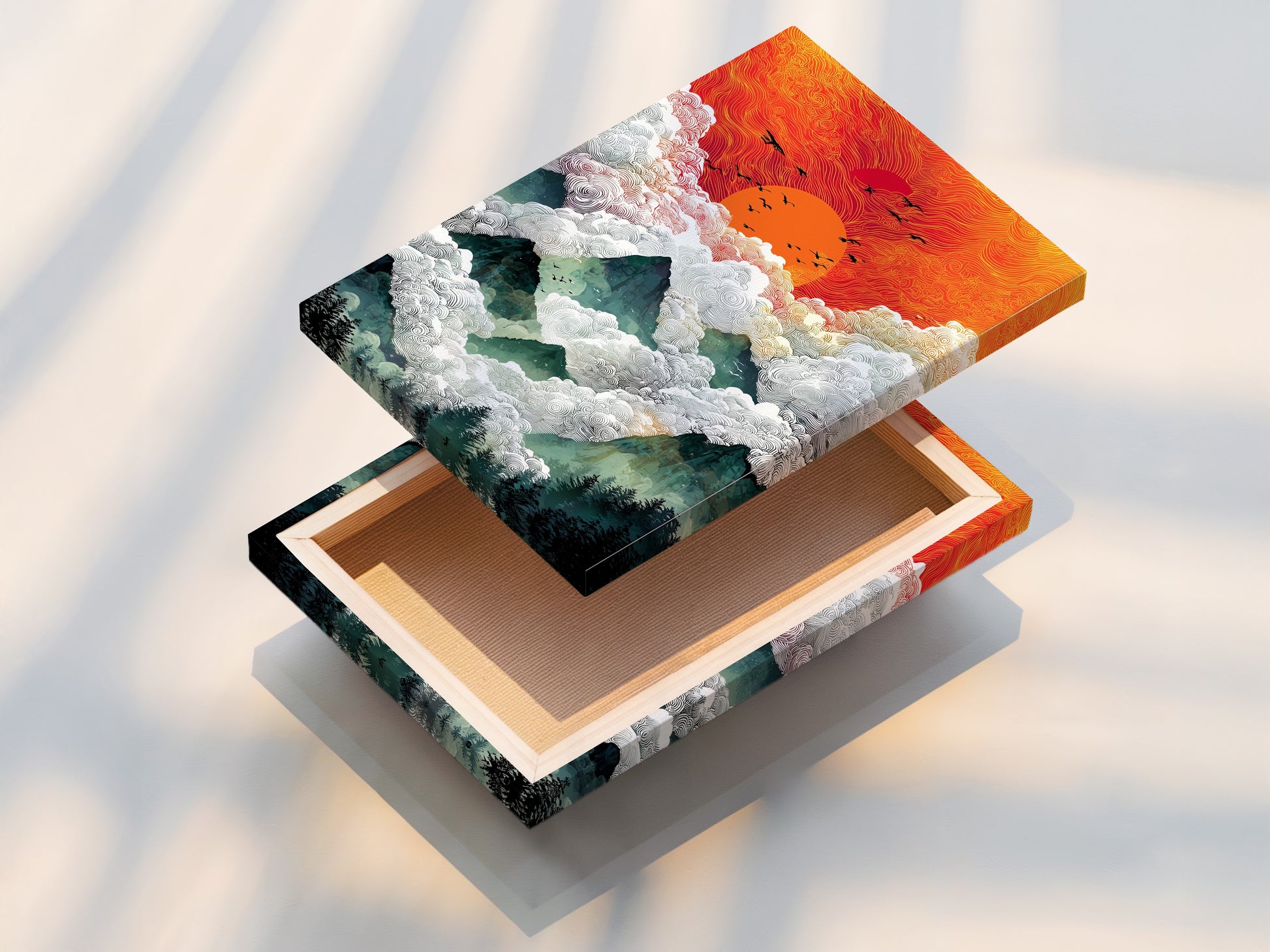 The stretched canvas print of the Mountain Sunrise artwork is showcased. The artwork offers a gallery wrapped look. The orange sky and mountain scenery create a stunning visual impact. This canvas print is ready to hang and enjoy. Transform your living space with this beautiful artwork.