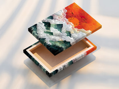 The stretched canvas print of the Mountain Sunrise artwork is showcased. The artwork offers a gallery wrapped look. The orange sky and mountain scenery create a stunning visual impact. This canvas print is ready to hang and enjoy. Transform your living space with this beautiful artwork.