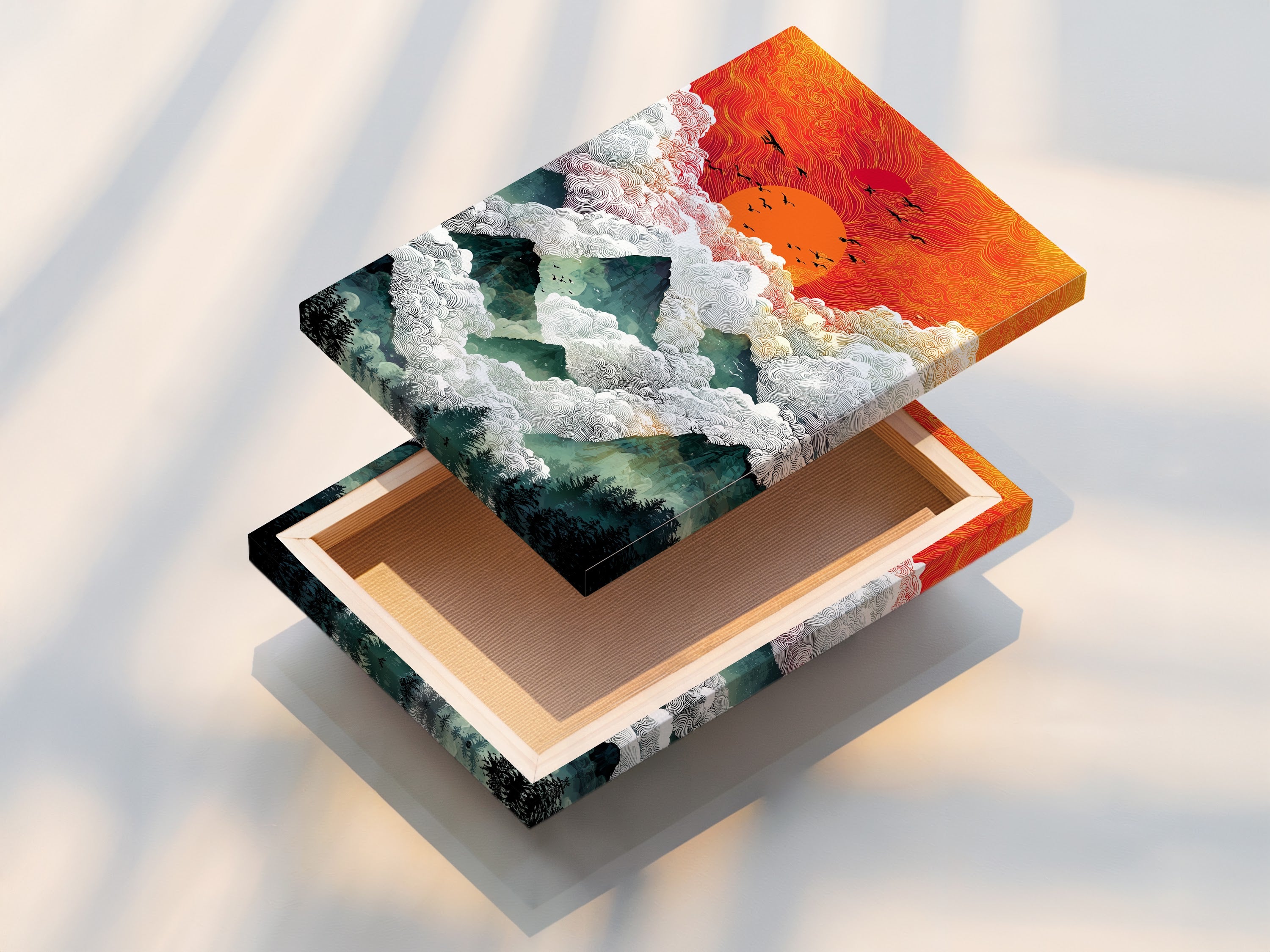 Close up view of a stretched canvas print of the Sunrise Mountain artwork. The abstract landscape art enhances any space. The bohemian decor style complements any room. The mountain art captures a serene sunrise print. The forest wall art brings nature indoors. Add this orange art print to your space.