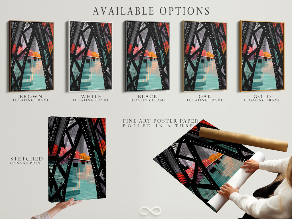 Explore available options for the City Bridge artwork. Choose from a stretched canvas print. Fine art poster paper or a floating frame. Customize your urban artwork to fit your style. Perfect for modern spaces.