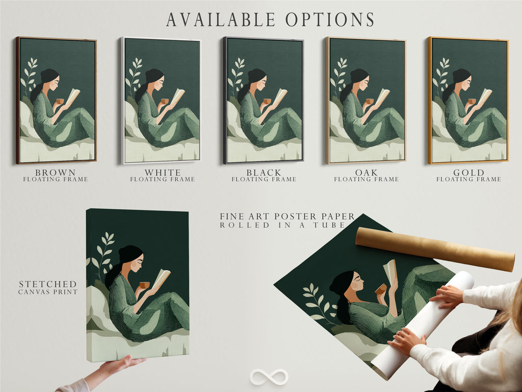 Available options include stretched canvas print fine art poster paper and floating frame. Customize your Reading Woman art to match your style. Select the perfect medium and frame for your decor. Create a personalized piece of minimalist wall art. Enjoy.