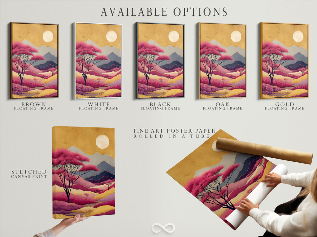 Available artwork options are displayed. Choose from stretched canvas prints fine art poster paper or floating frames. Abstract Mountain artwork in pink purple landscape style. Modern wall decor for any room. Nature artwork complements minimalist styles.