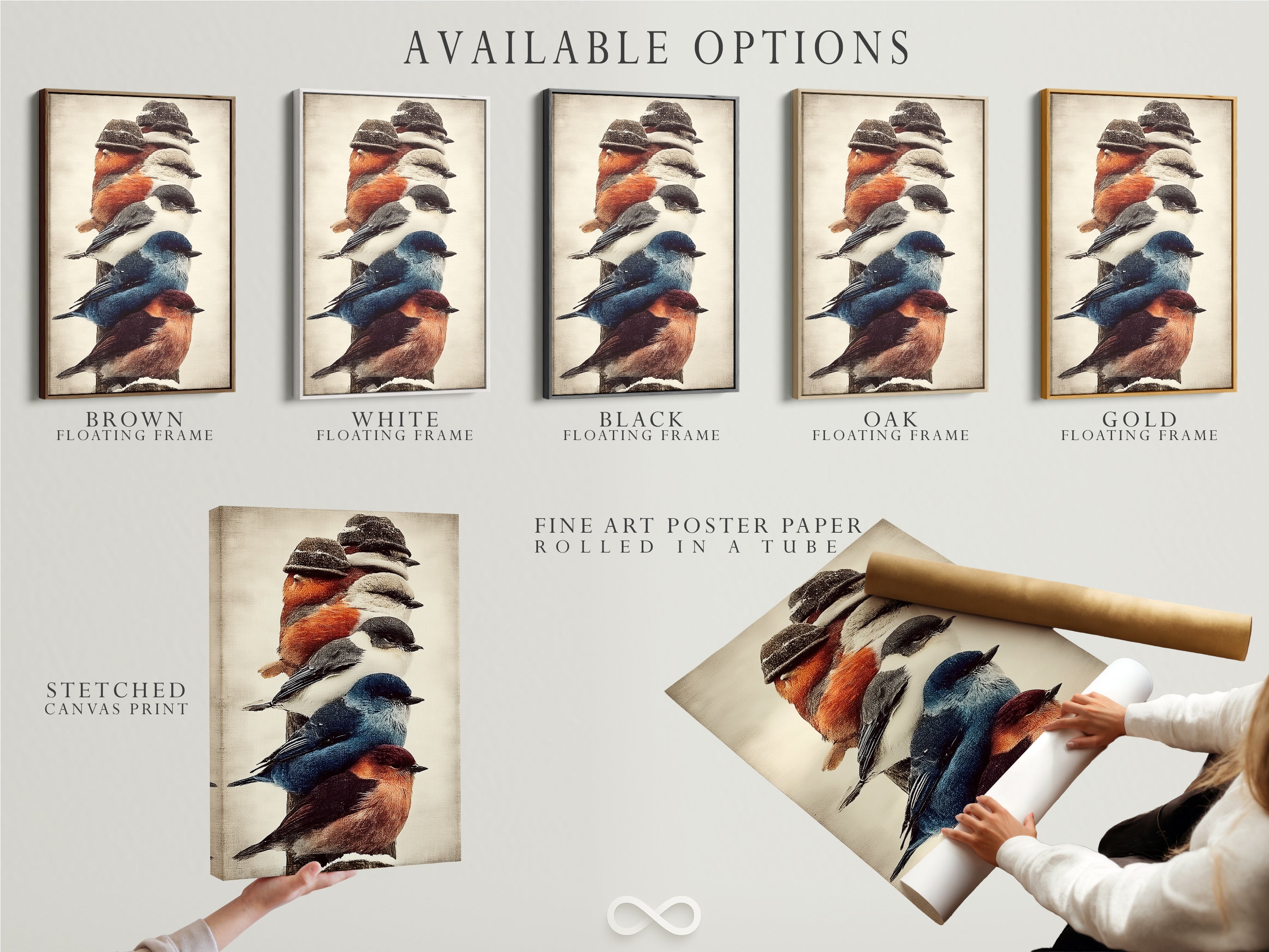 Available options for this colorful birds artwork. Choose from a stretched canvas print fine art poster paper or floating frame. Find the perfect fit for your rustic wall art needs. Enhance your space with this avian artwork.