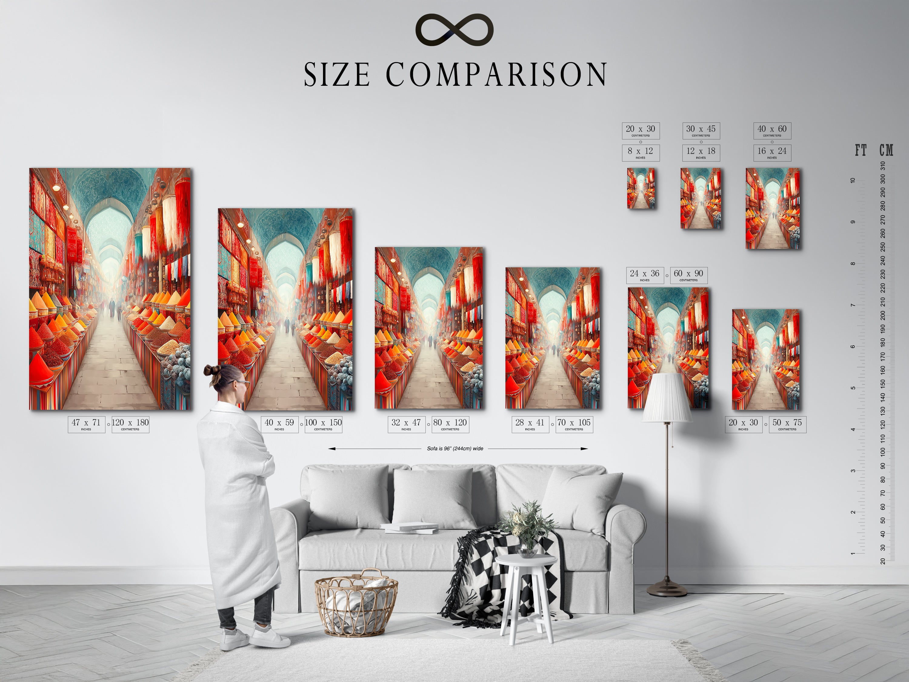 Size comparison chart of the Spice Market art in an interior setting. See how this colorful food photography fits in your space. This exotic bazaar canvas art is perfect for kitchens dining rooms restaurants studios lobbies clinics cafés and boardrooms.