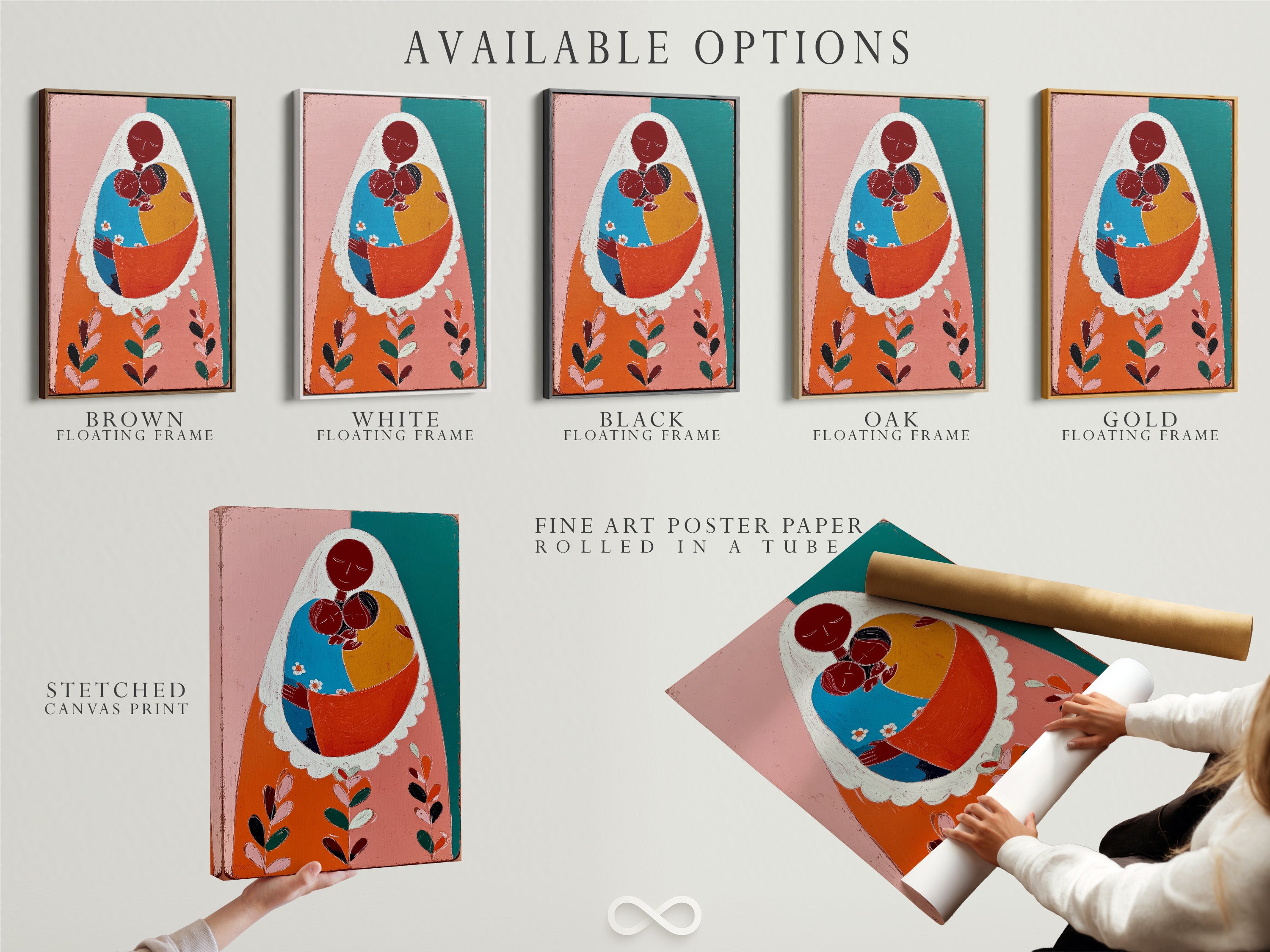 Explore our available art options. Choose from stretched canvas prints. Discover fine art poster paper or floating frames. Select the perfect medium to showcase the art that features a mother and two children. The art is displayed on a white wall.
