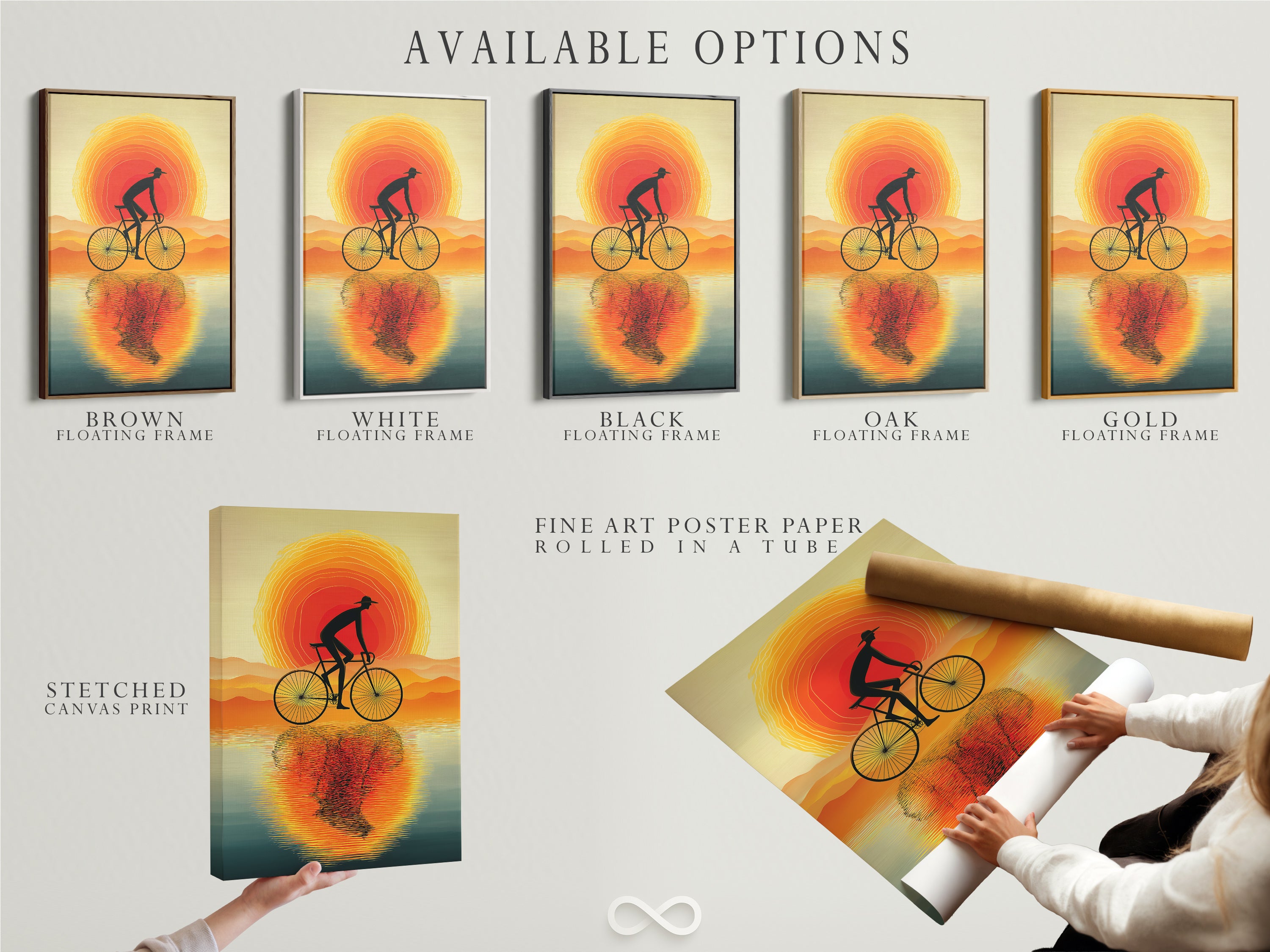 Explore the available options for the Sunset Ride artwork. Choose between a stretched canvas print a fine art poster. Consider a floating frame for a modern touch. Find the perfect cyclist canvas for your home or office.