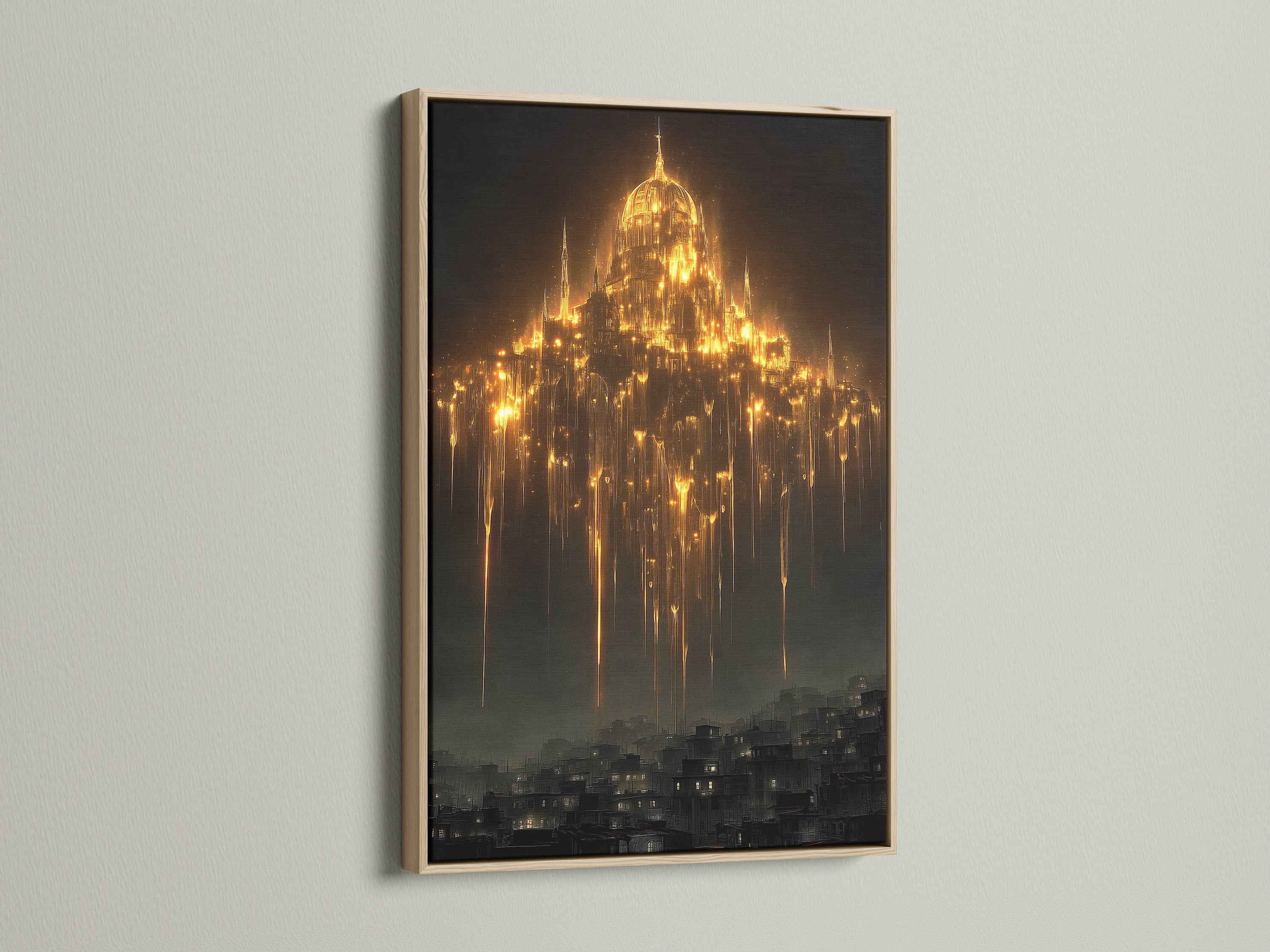This is a gothic cathedral art print in an oak frame. The mystical wall art is ideal for adding dark academia decor to your space. See the golden light art in this fantasy architecture piece. It's a stunning cathedral print. Perfect gothic wall decor for your home.