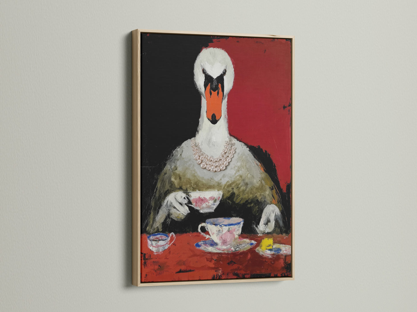 Swan Tea Party art print in an oak frame. This whimsical animal artwork features a surreal bird enjoying a tea party. The print adds a touch of elegance to any dining room. Shop our unique art prints today.