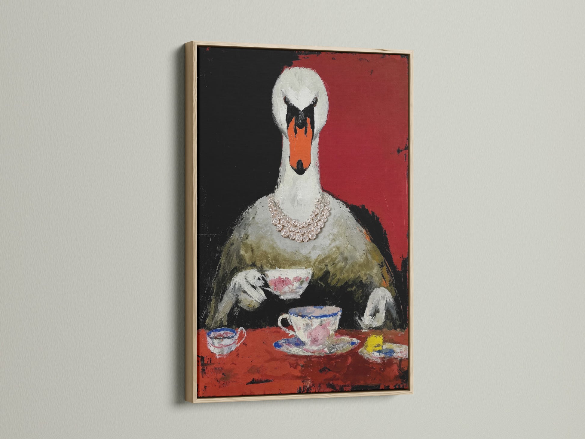 Swan Tea Party art print in an oak frame. This whimsical animal artwork features a surreal bird enjoying a tea party. The print adds a touch of elegance to any dining room. Shop our unique art prints today.