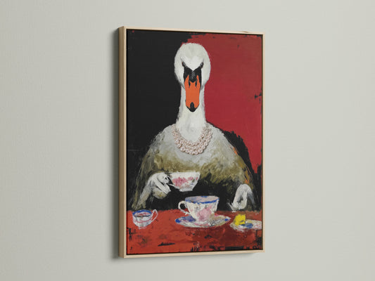 Swan Tea Party art print in an oak frame. This whimsical animal artwork features a surreal bird enjoying a tea party. The print adds a touch of elegance to any dining room. Shop our unique art prints today.