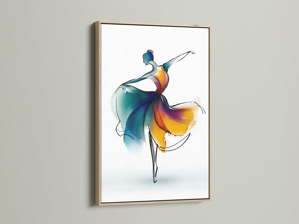 A captivating ballet dancer artwork is framed in oak. The artwork uses watercolor prints in abstract style. It is ideal for dance studio decor and living room wall art. This dancer canvas adds elegance to any space.