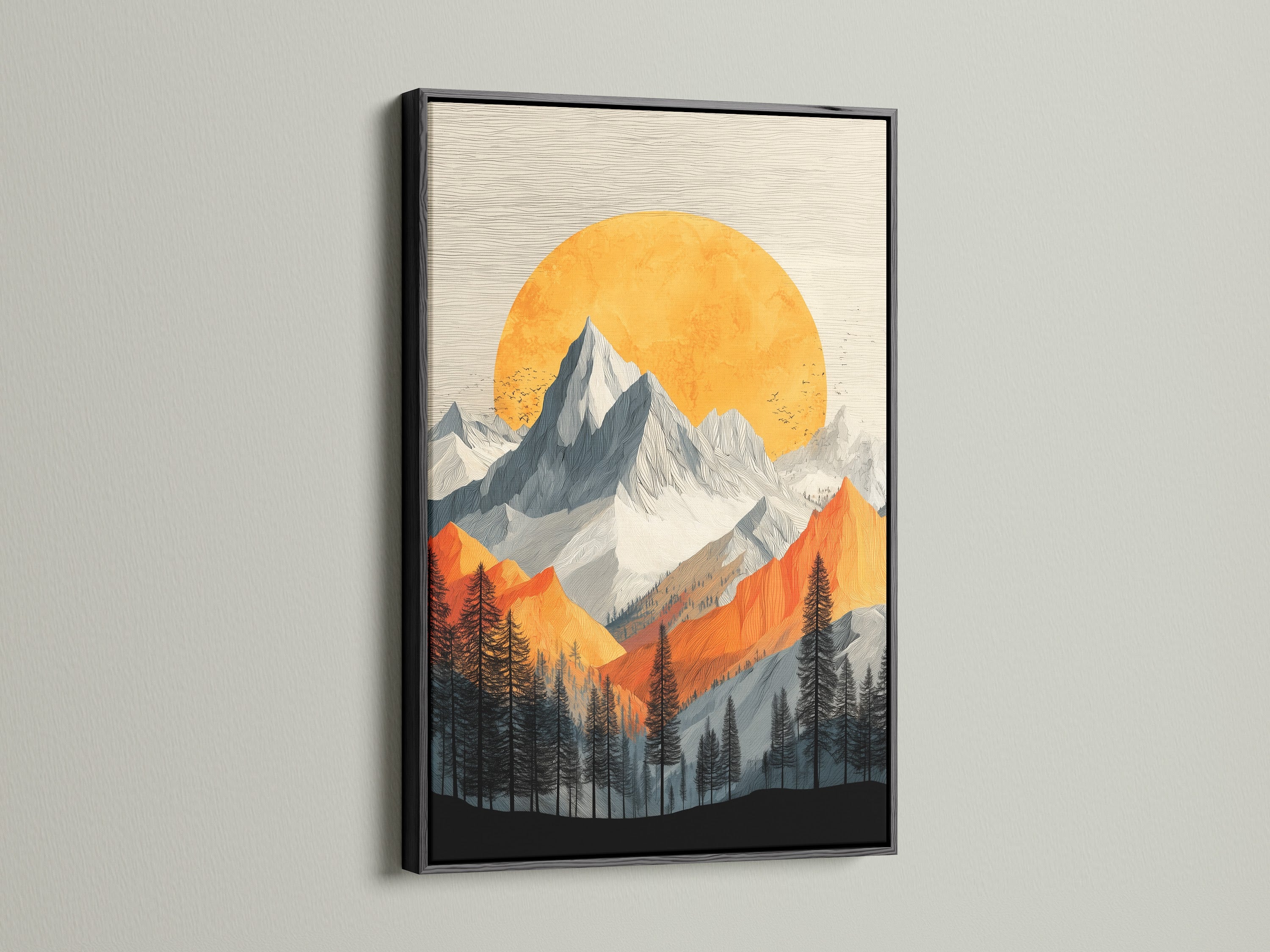 Mountain Sunset artwork showcased in a black frame. This artwork captures a vintage alpine scene. Its orange and gray tones bring nature's beauty indoors. This canvas print is perfect for bedroom wall decor. It complements modern and rustic interior styles beautifully.