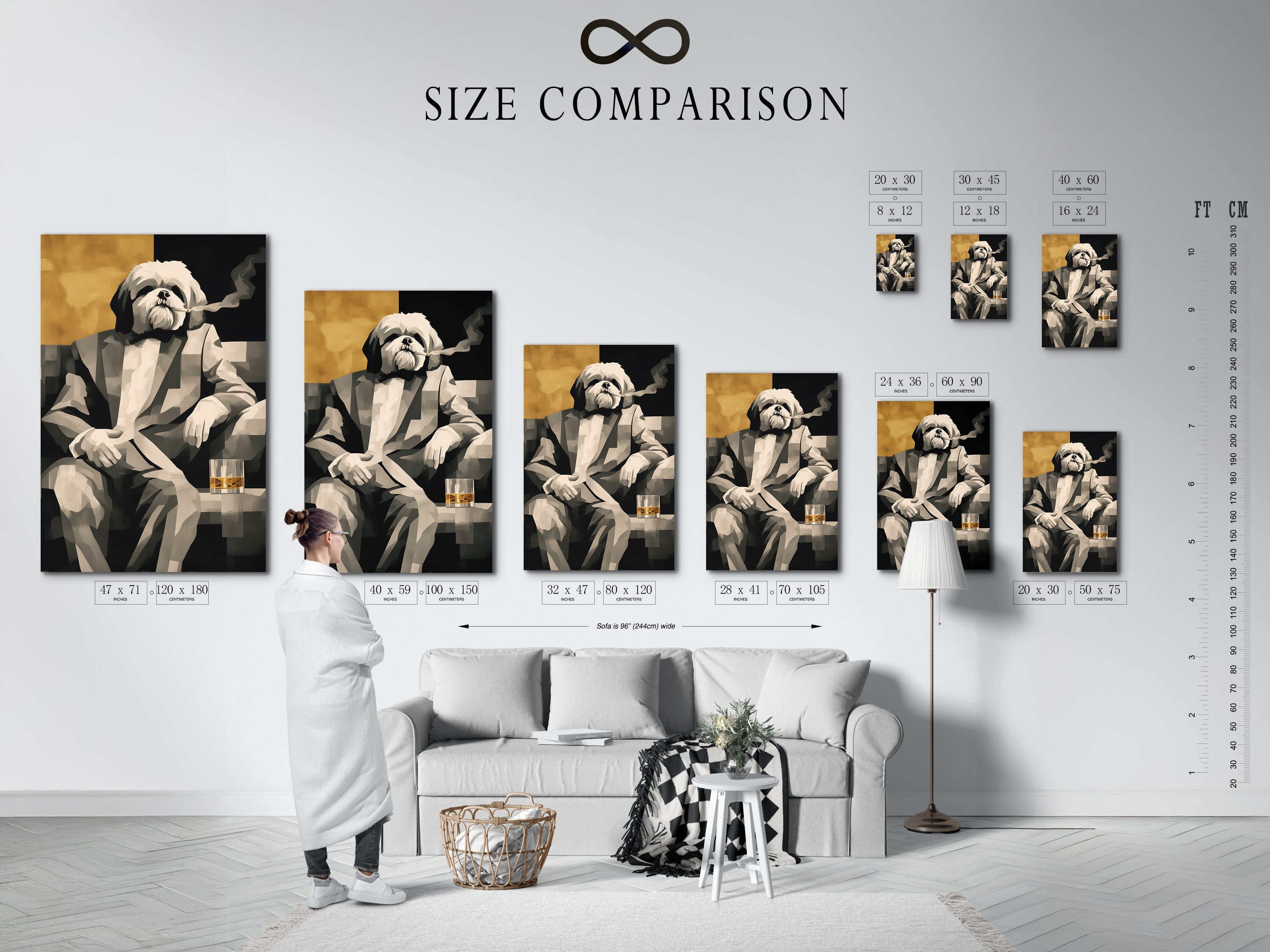 A size comparison chart for the Dog Smoking Art Print. This Shih Tzu Canvas Art is available in various sizes. The gentleman dog portrait fits any space. Find the perfect humorous art for your office or home. Explore our canine art options.