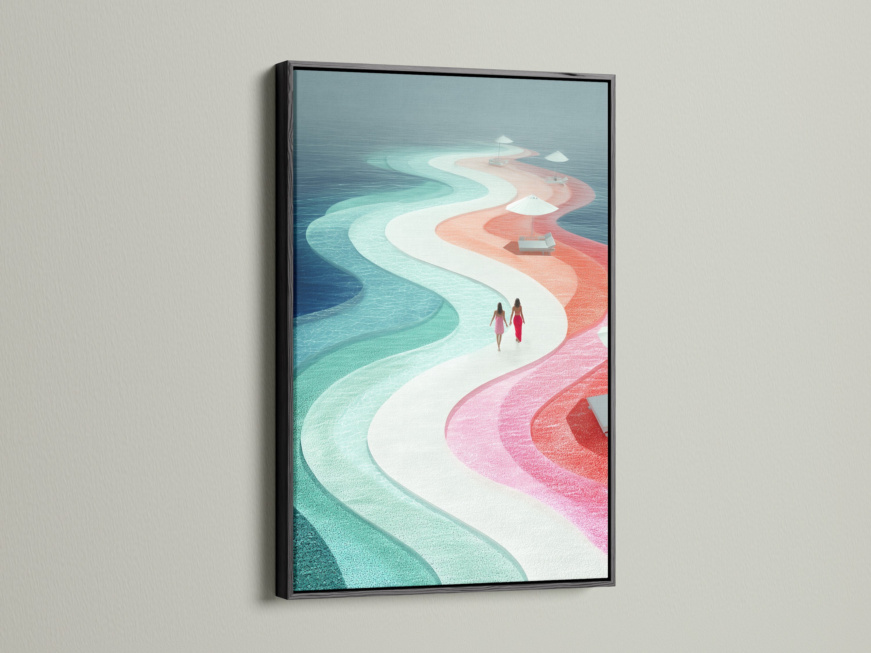 See abstract beach artwork in a black frame. This modern piece features an ocean wave print. Teal and pink colors create a soothing coastal atmosphere. Ideal for adding a touch of beach wall decor. Enhance your living space with this striking artwork.
