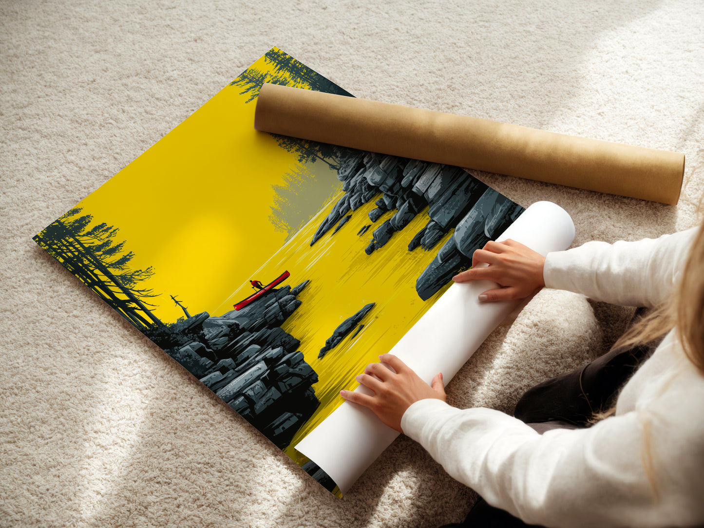 A woman is carefully rolling a fine art poster paper print of the River Kayak artwork. The artwork features a serene river scene with a lone kayaker. This is the perfect modern landscape artwork for your office or living room.
