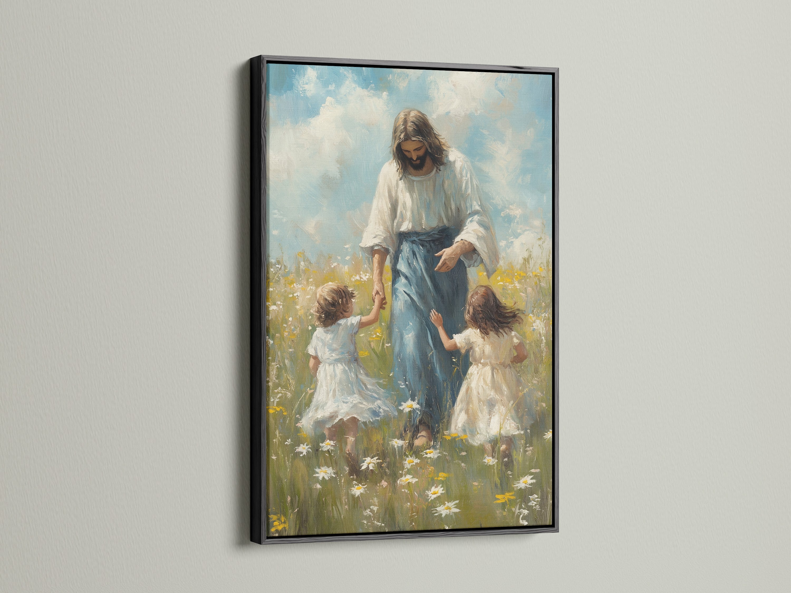 The artwork is presented in a sleek black frame. The art shows Jesus Christ walking with two young girls. The black frame adds a touch of sophistication. It creates a striking contrast with the colorful scene. This frame makes a statement.
