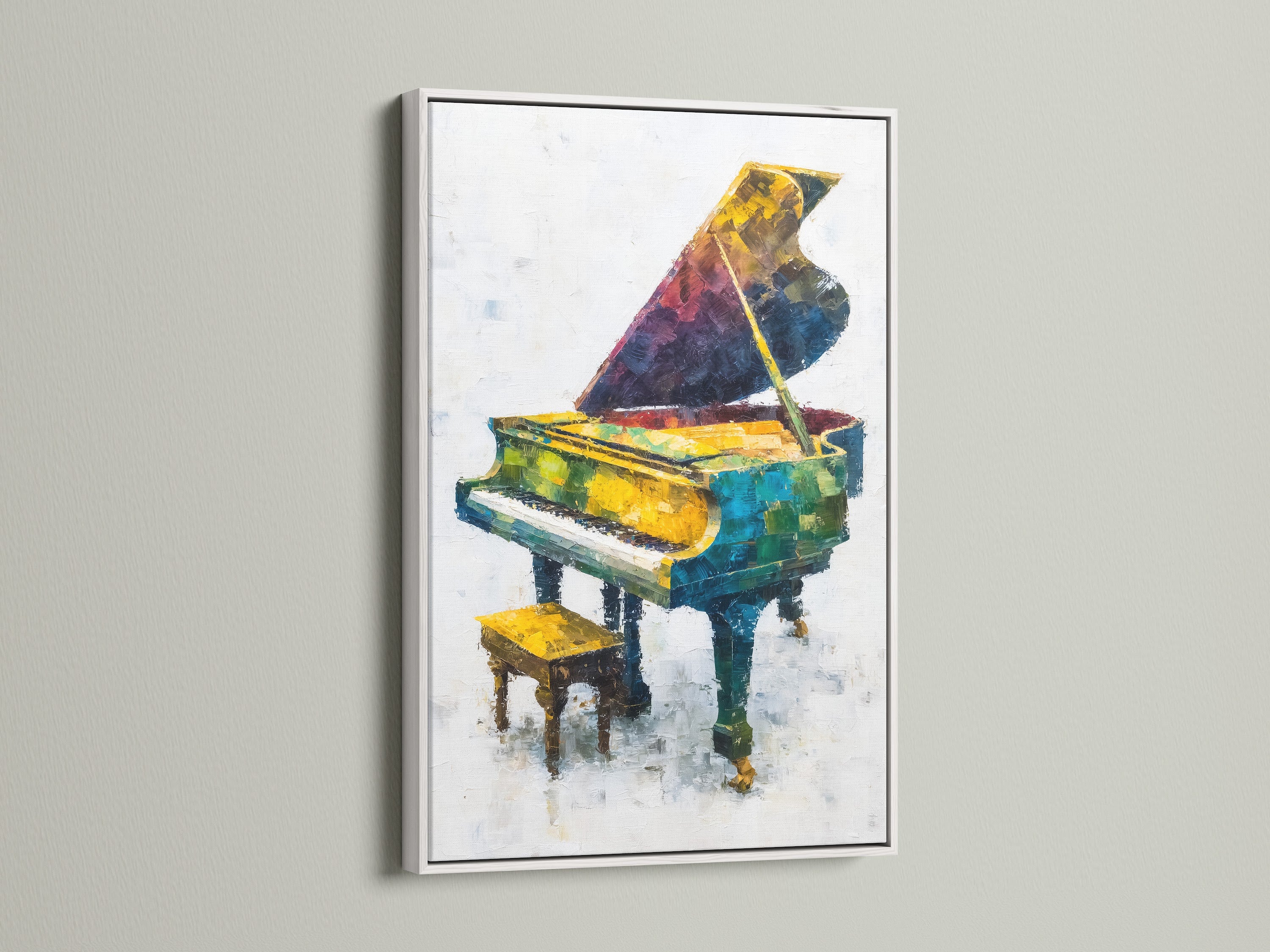A colorful piano artwork is showcased in a clean white frame. This abstract music canvas wall art adds a fresh touch to your decor. Perfect for creating a vibrant music room or as a thoughtful gift for music enthusiasts. Explore this grand piano print today.