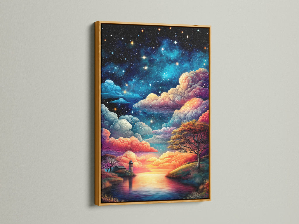 Starry Night celestial artwork in a gold frame. The lake landscape print creates a serene atmosphere. The night sky print brings a dreamy touch to your decor. Elevate your space with this modern piece. This artwork is perfect for lobbies