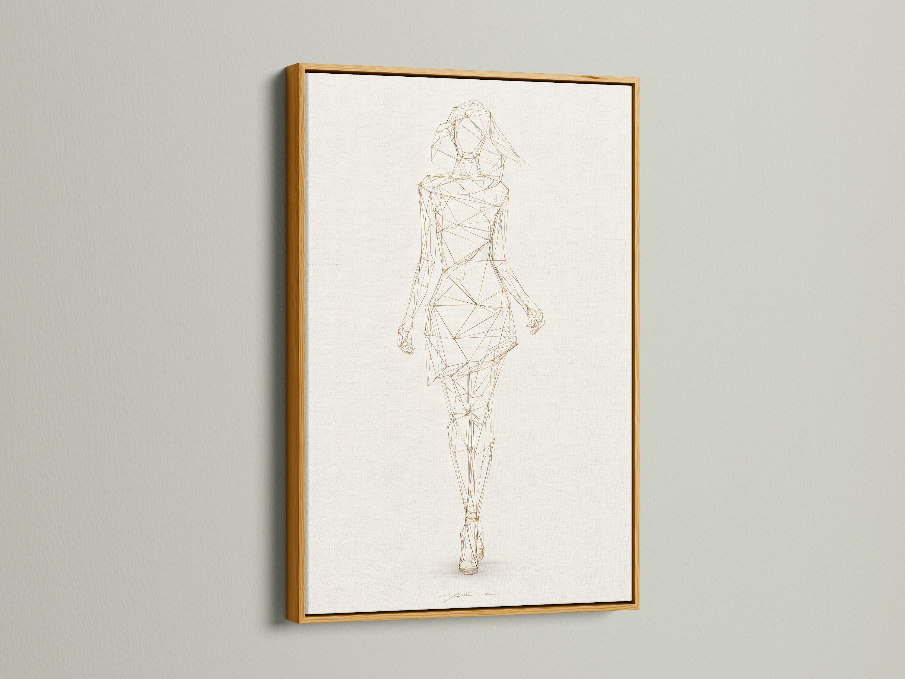 Geometric Woman art in a gold floating frame. This minimalist line drawing is modern fashion sketch artwork. Add a touch of luxury to your space. It's perfect for boutiques studios and showrooms. Enhance your space with this refined contemporary wall decor. Ideal for minimalist modern or Scandinavian aesthetics