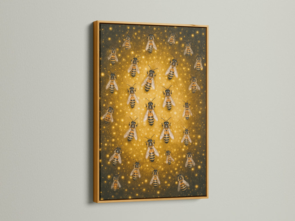 A honey bee artwork is displayed in a gold frame. The frame complements the gold insect wall art. It enhances the artwork's luxurious feel. This framed canvas print adds glamour to your office or home space. Perfect gift for a bee lover.