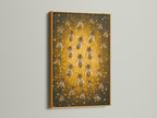 A honey bee artwork is displayed in a gold frame. The frame complements the gold insect wall art. It enhances the artwork's luxurious feel. This framed canvas print adds glamour to your office or home space. Perfect gift for a bee lover.