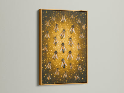 A gold frame highlights the Beehive Canvas Print. This honeycomb art brings warmth to any space. It's ideal for adding a touch of elegance. This golden decor complements eclectic styles. It's a unique honey lover gift.