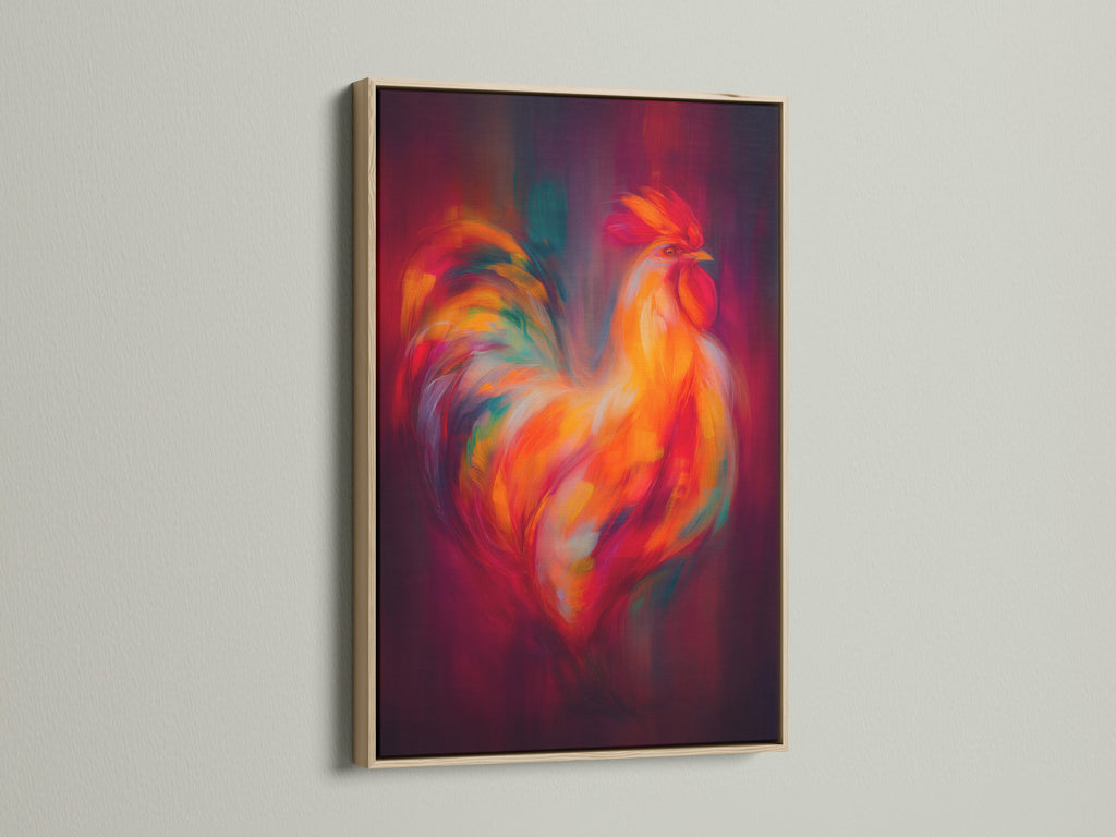 Rooster artwork displayed in an oak frame. This vibrant canvas print adds a touch of country and farmhouse style to any room. The artwork captures the essence of rustic charm.