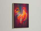 Rooster artwork displayed in an oak frame. This vibrant canvas print adds a touch of country and farmhouse style to any room. The artwork captures the essence of rustic charm.