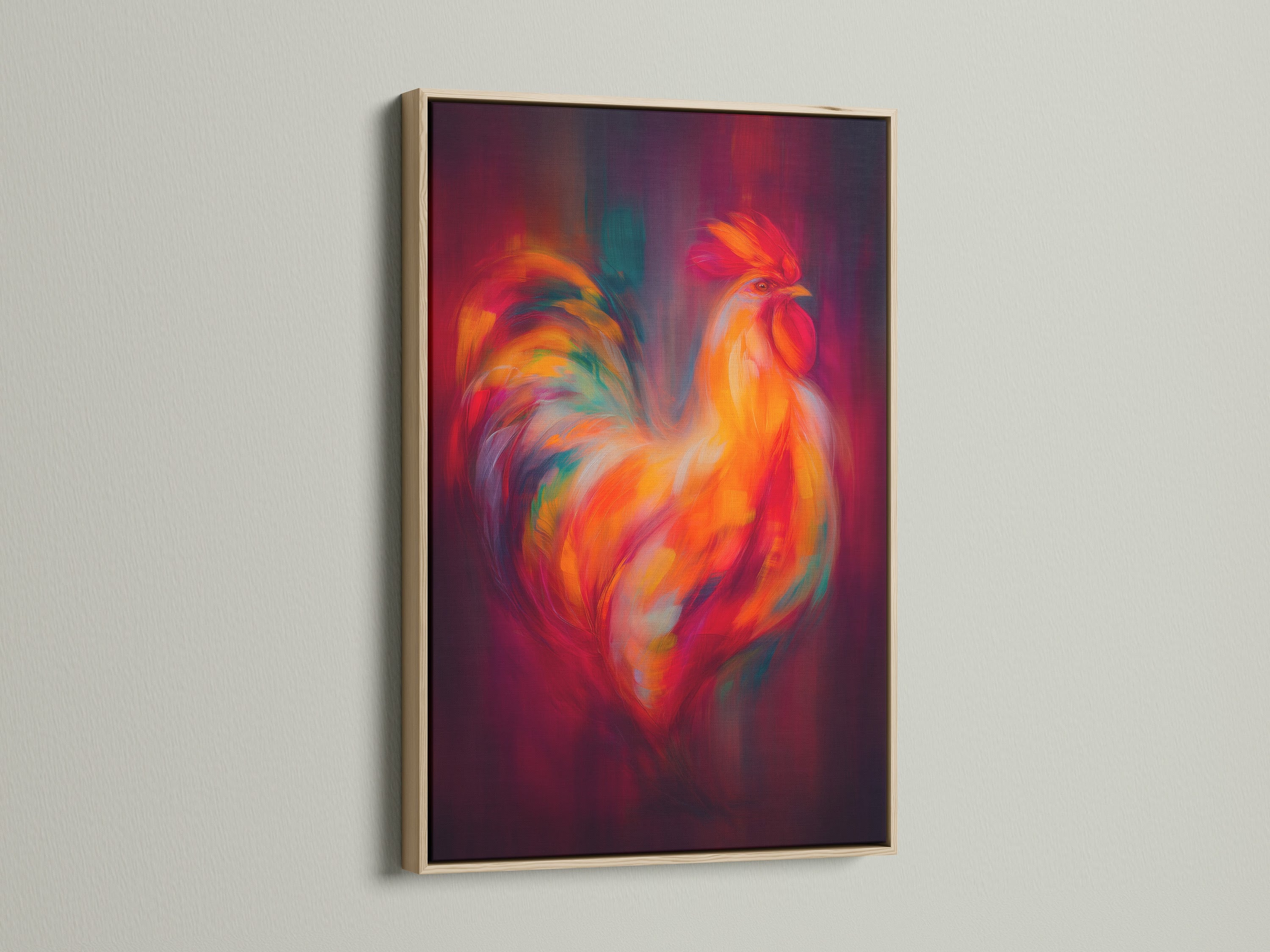 Rooster artwork displayed in an oak frame. This vibrant canvas print adds a touch of country and farmhouse style to any room. The artwork captures the essence of rustic charm.
