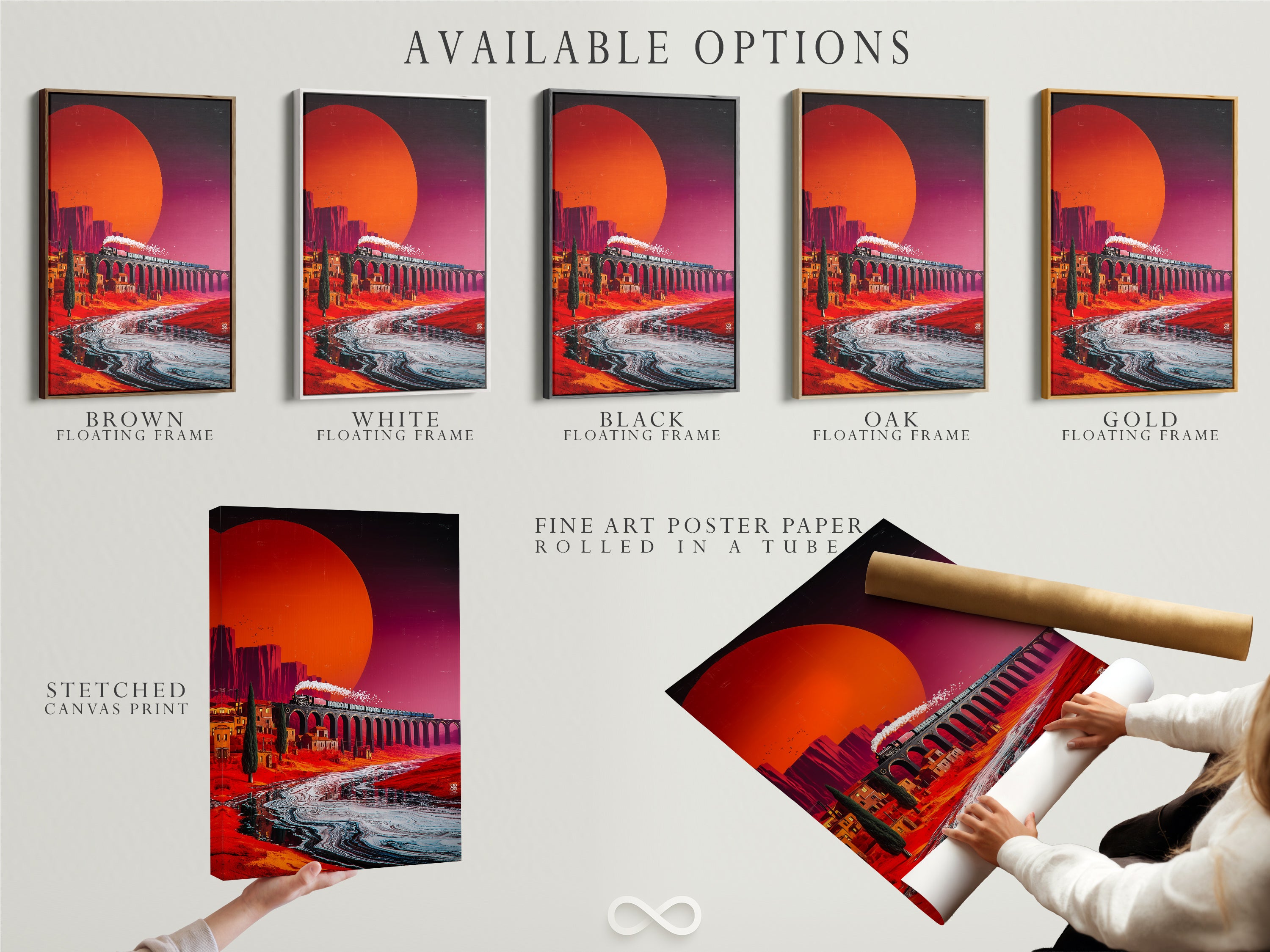 Available options include a stretched canvas print fine art poster paper and a floating frame. Customize your Train Over Bridge artwork to suit your style. Choose the perfect format for your Tuscany landscape canvas. Options for sienna and teal wall art.