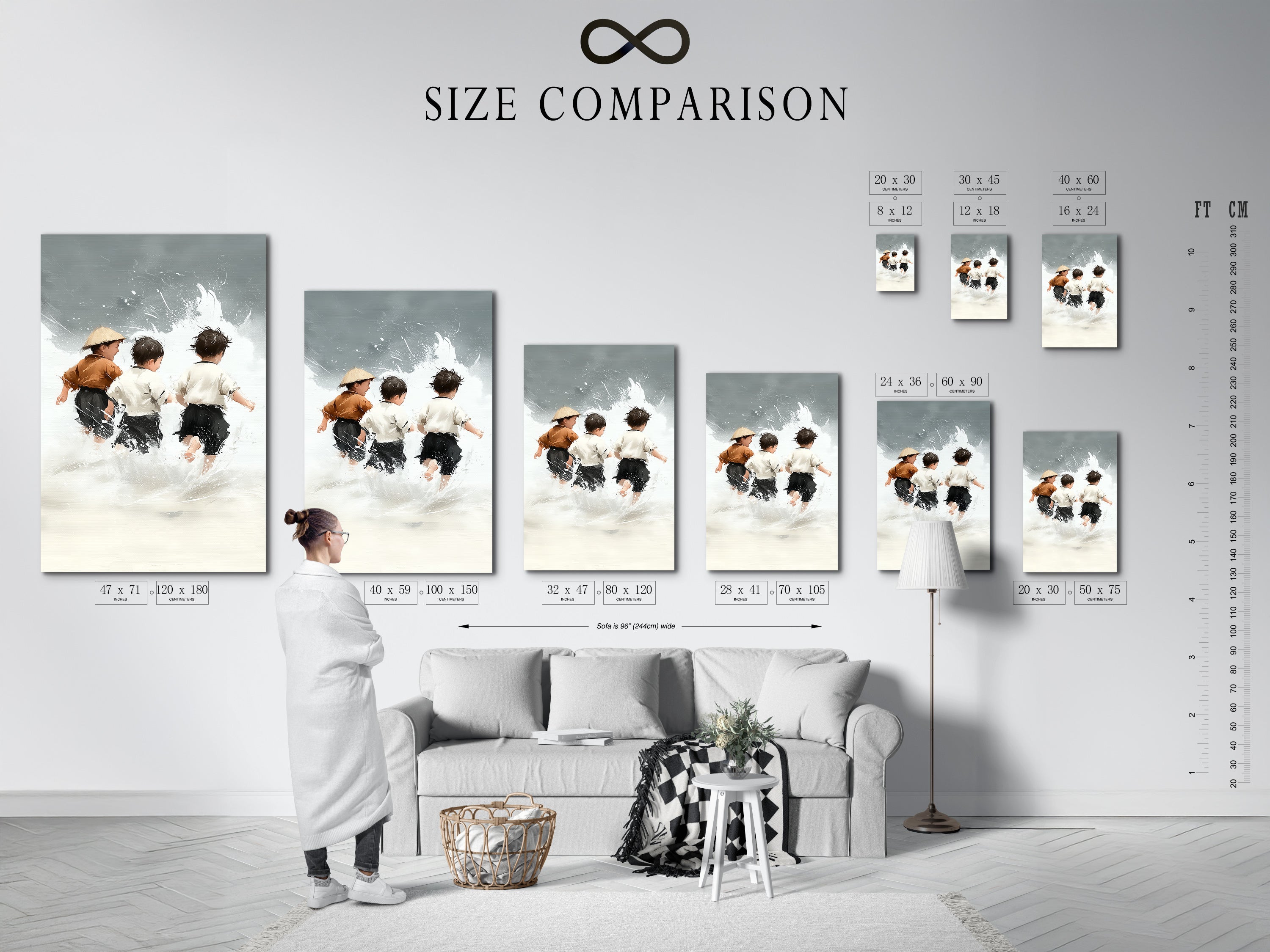 A size comparison chart of the Children at Play artwork displayed in a stylish interior. See how different sizes fit your space. Find the perfect size for your nursery wall decor. Envision this coastal wall art in your home. Choose the ideal size for your beach canvas art and kids' room.