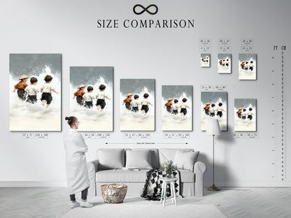 A size comparison chart of the Children at Play artwork displayed in a stylish interior. See how different sizes fit your space. Find the perfect size for your nursery wall decor. Envision this coastal wall art in your home. Choose the ideal size for your beach canvas art and kids' room.