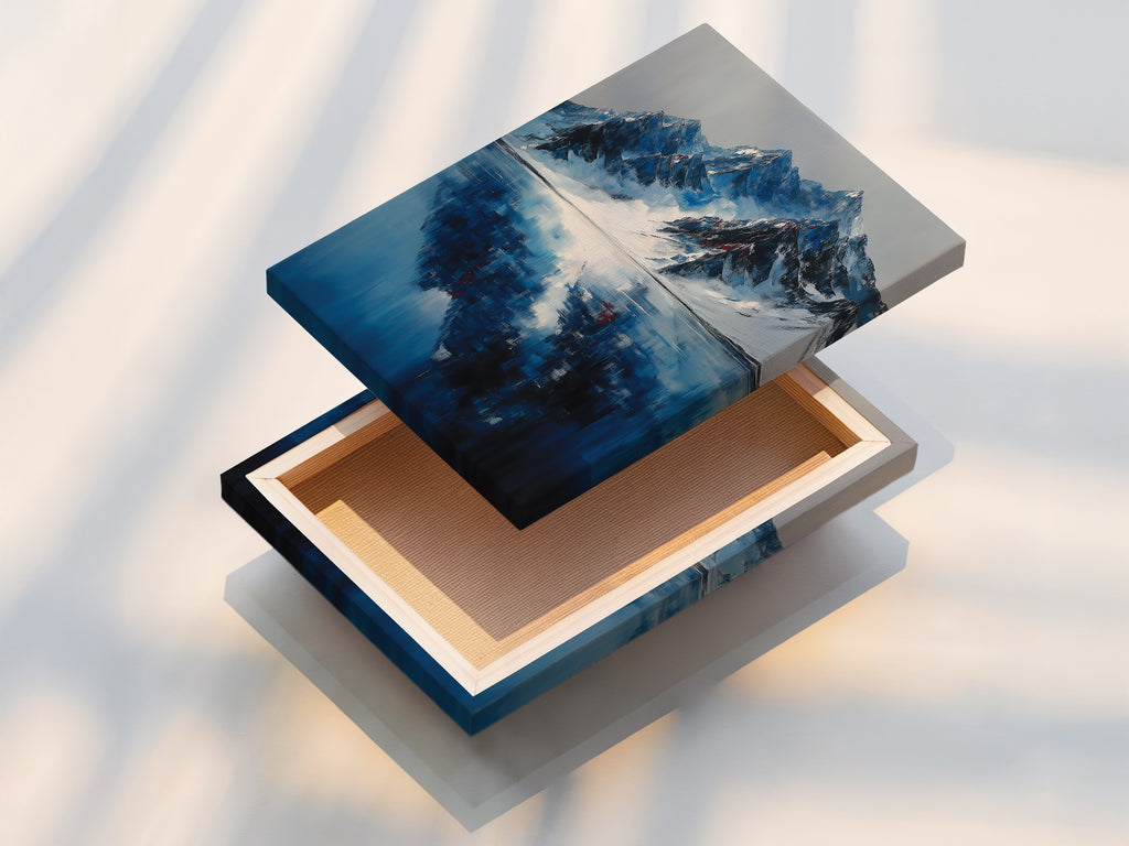 Stretched canvas print featuring mountain reflection artwork.  The indigo blue lake canvas is perfect for winter landscape office decor.  The stretched canvas enhances the modern blue art print and snowy mountains.  Ideal for landscape artwork and reflection prints. This is a great mountain painting.