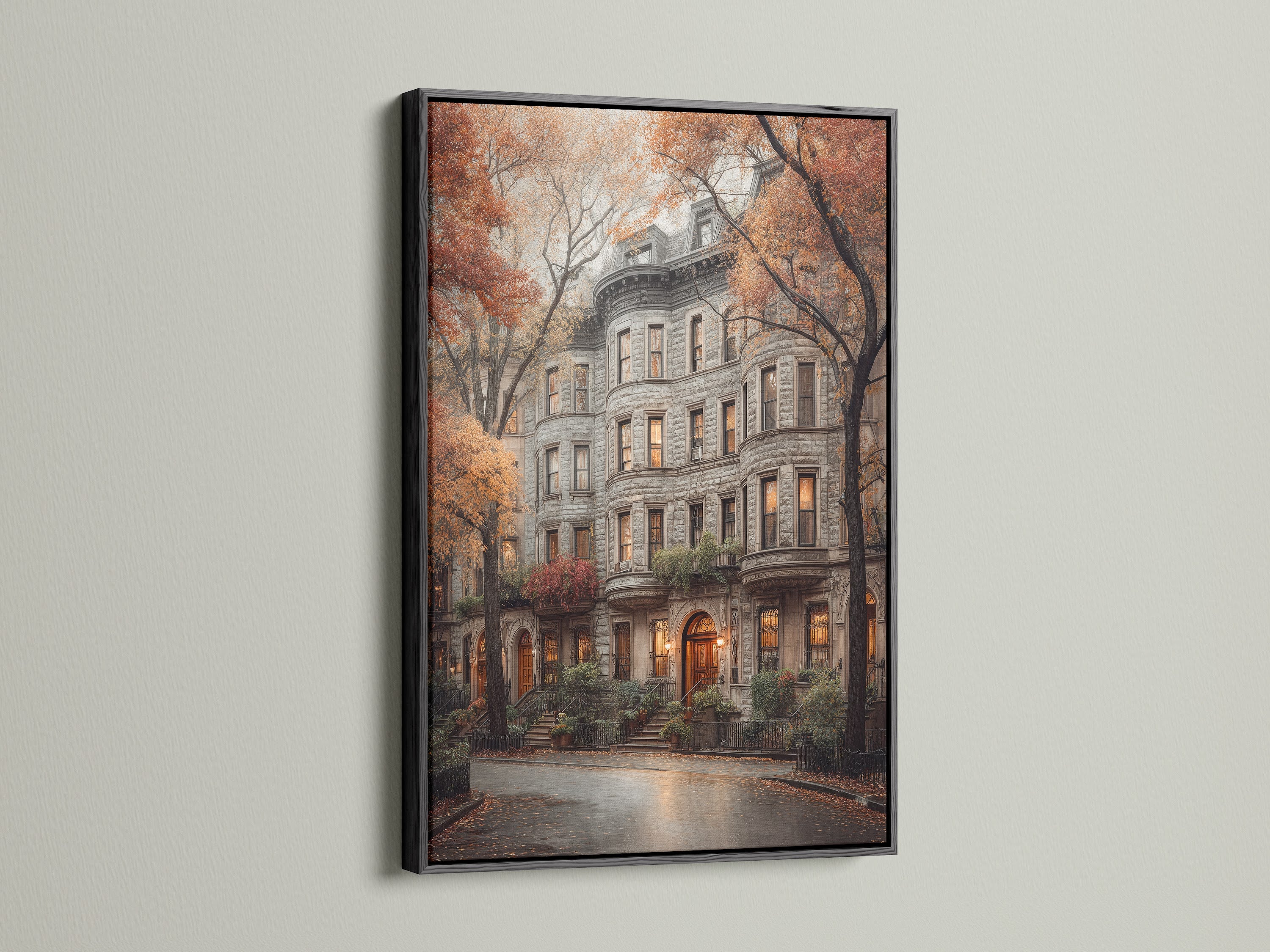 The black frame showcases a captivating cityscape print. The artwork features vintage building photography. Its urban canvas art is perfect for office wall decor. The black frame adds a touch of sophistication. It brings a modern edge to the artwork.