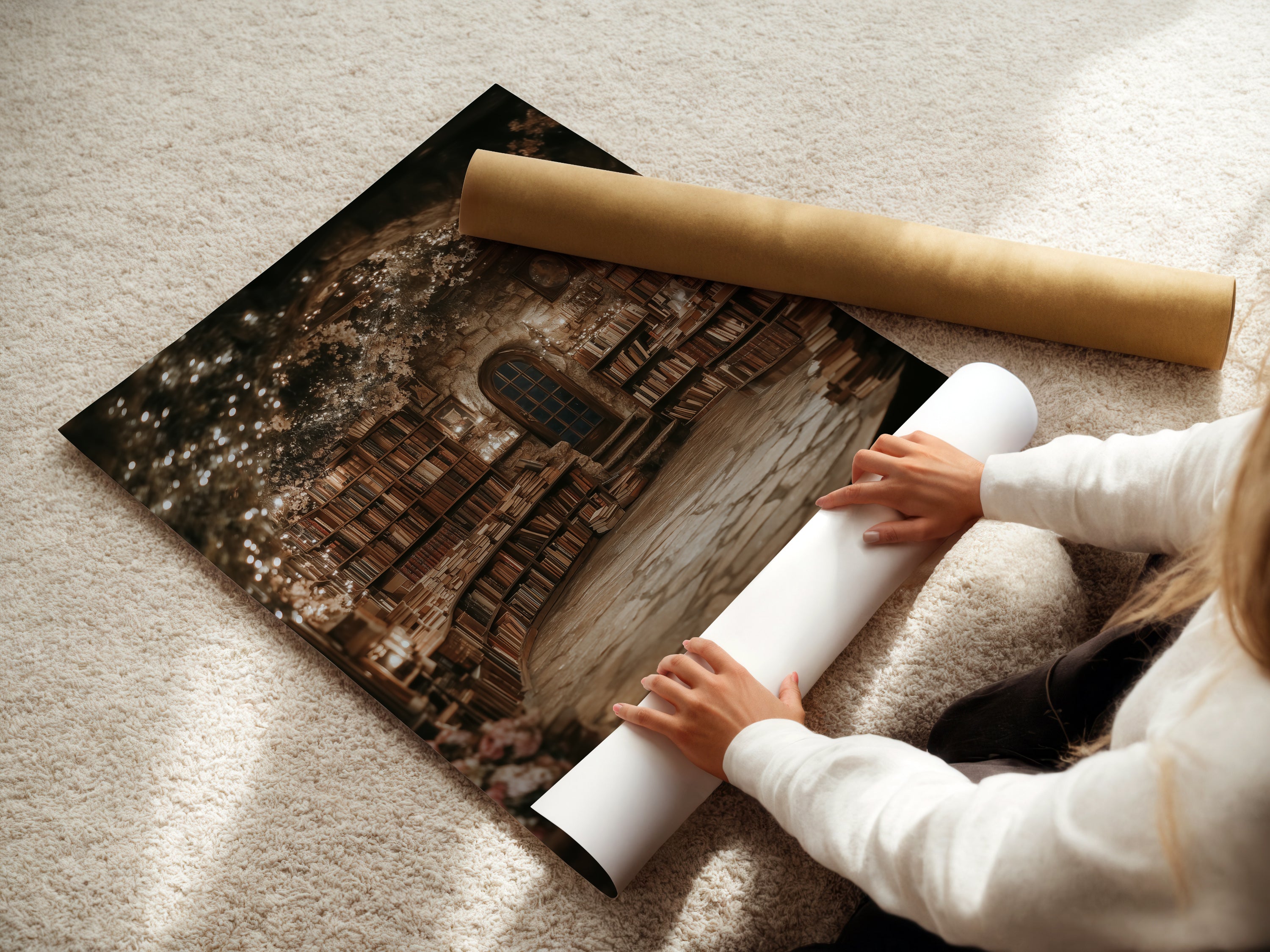A woman carefully rolls a fine art poster paper of the Victorian Library artwork. High-quality print ensures the cozy study wall art looks stunning. Ideal for book lovers and collectors.