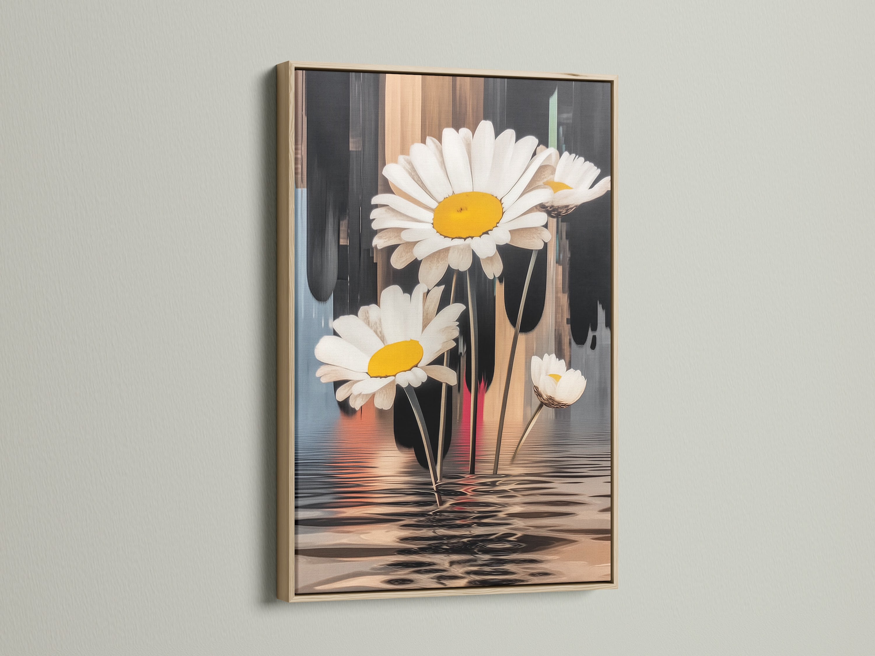 A close-up of a daisy canvas print with an oak frame. The floral art brings a modern touch to any room. Perfect for adding a botanical accent to your space. The artwork enhances minimalist and Scandinavian interiors.