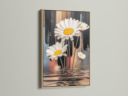 A close-up of a daisy canvas print with an oak frame. The floral art brings a modern touch to any room. Perfect for adding a botanical accent to your space. The artwork enhances minimalist and Scandinavian interiors.