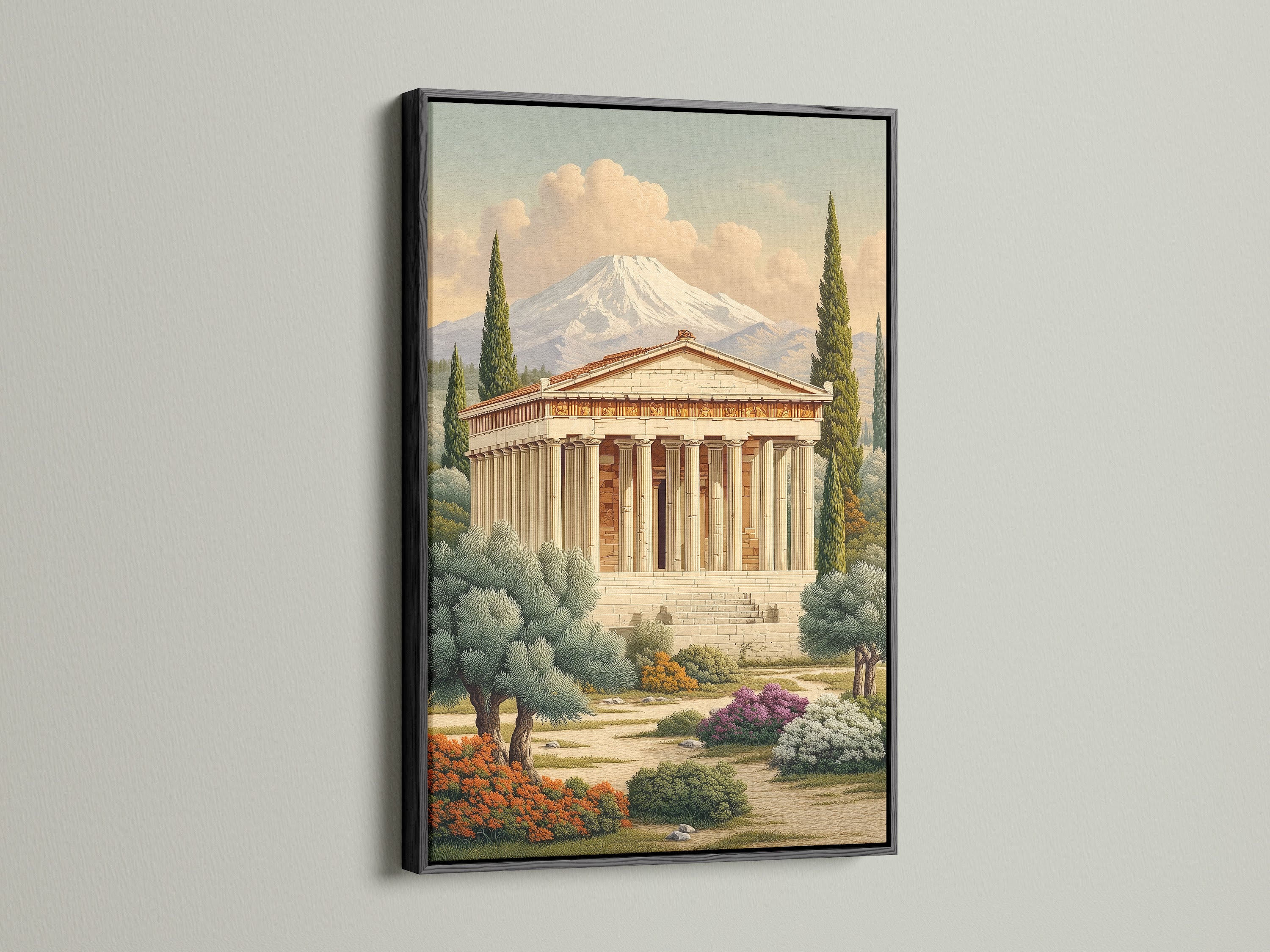 Greek Temple artwork with a black frame. This bold statement piece highlights the architectural print. A great choice for historical artwork enthusiasts. Add depth and sophistication to your space with this framed art.
