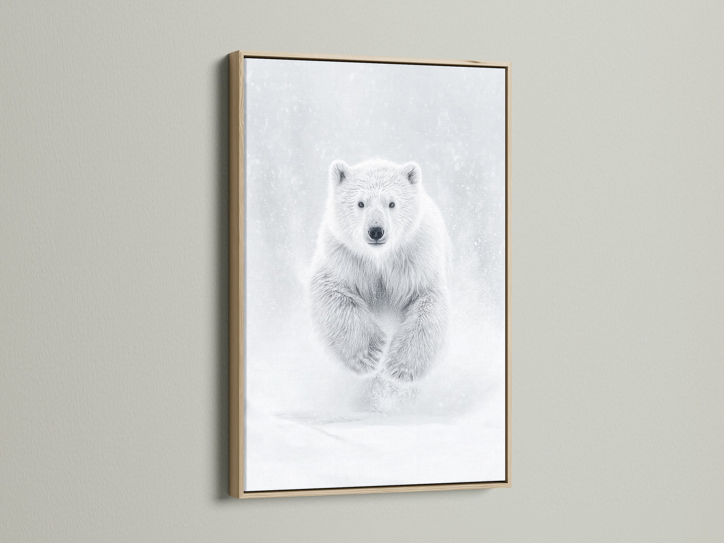 A framed polar bear artwork features an oak frame enhancing the monochrome animal photography. The oak frame complements the wildlife wall art adding a rustic touch to minimalist decor. It's ideal as bear canvas print or arctic art print.
