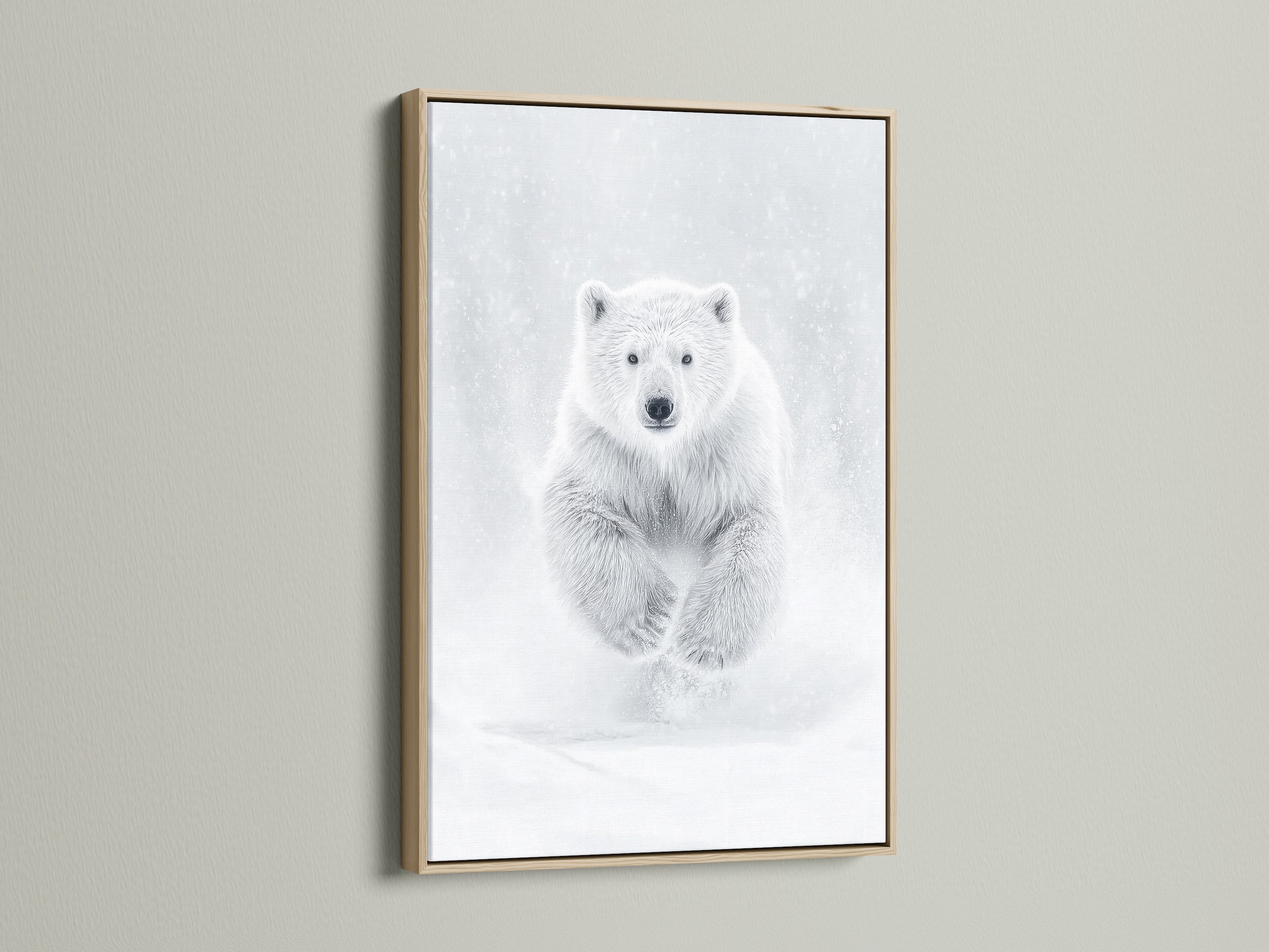 A framed polar bear artwork features an oak frame enhancing the monochrome animal photography. The oak frame complements the wildlife wall art adding a rustic touch to minimalist decor. It's ideal as bear canvas print or arctic art print.