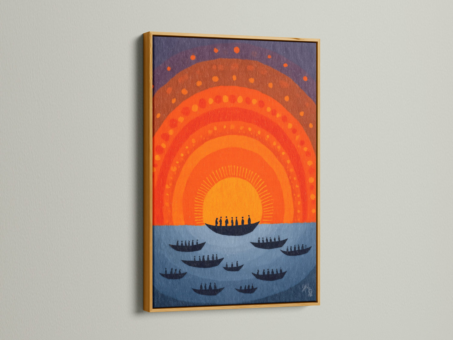 Sunset Boats canvas art showcased in a gold frame. This adds a touch of elegance and sophistication to the nautical wall art. Enhance your home decor with this vibrant orange and blue art. It's ideal for creating a boho wall.