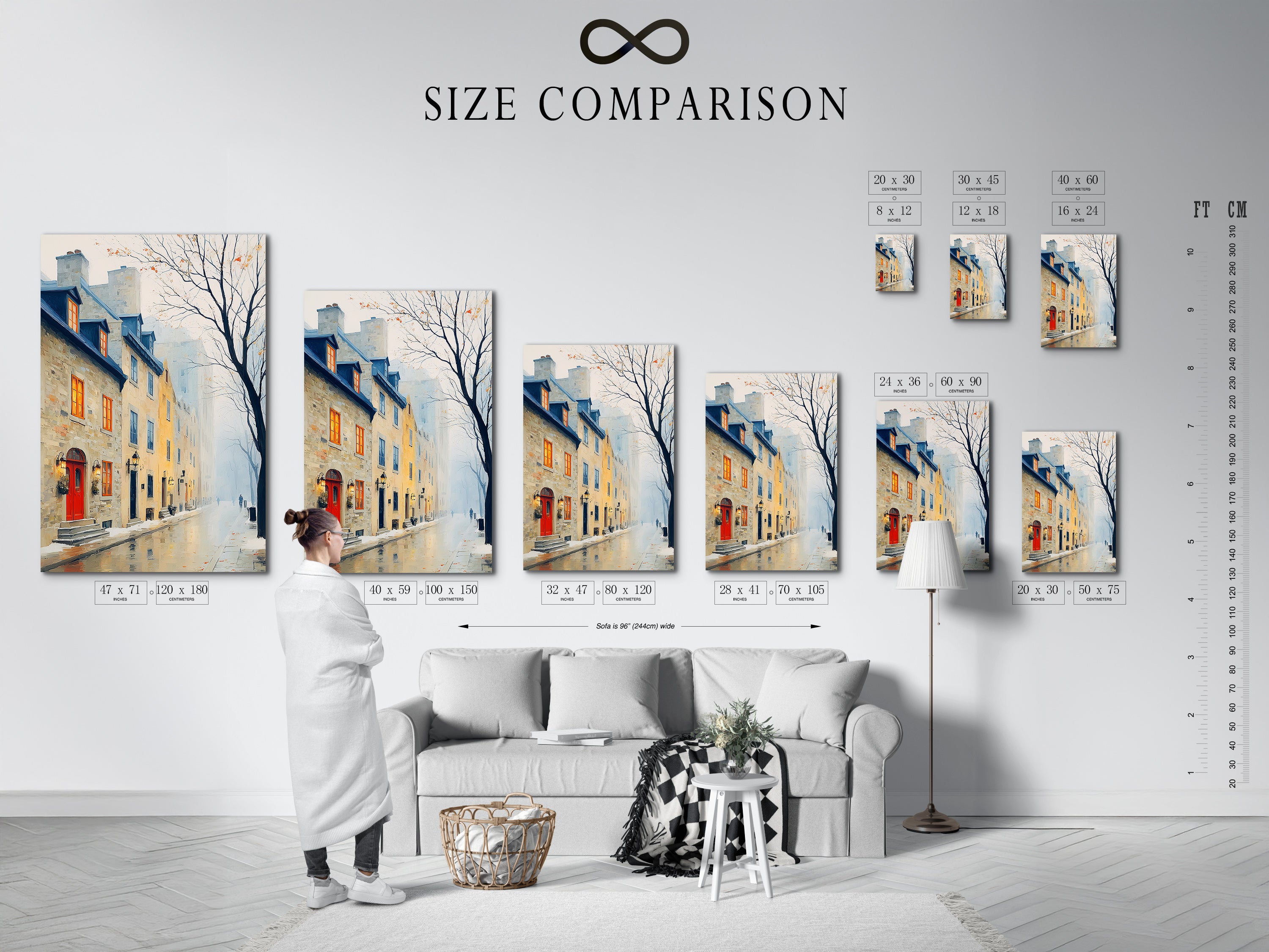 Size comparison chart in interior. The chart displays various sizes of vintage architecture wall art. Choose the perfect size for your city street canvas print and European town scenery.