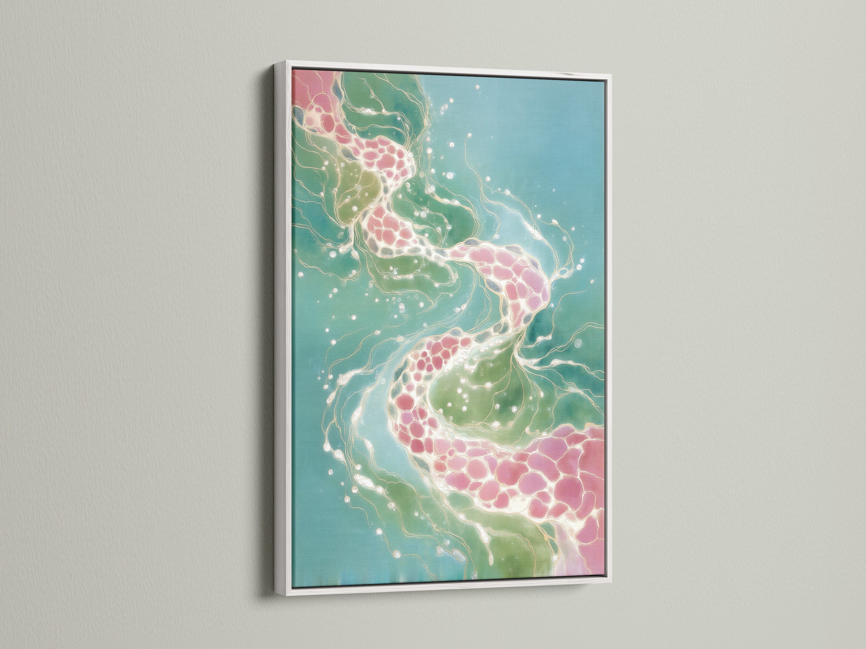 Abstract Fluid Art Print with a white frame. The modern artwork combines teal and pink tones. It creates an organic flow pattern. A great choice for contemporary wall art or bedroom decor.