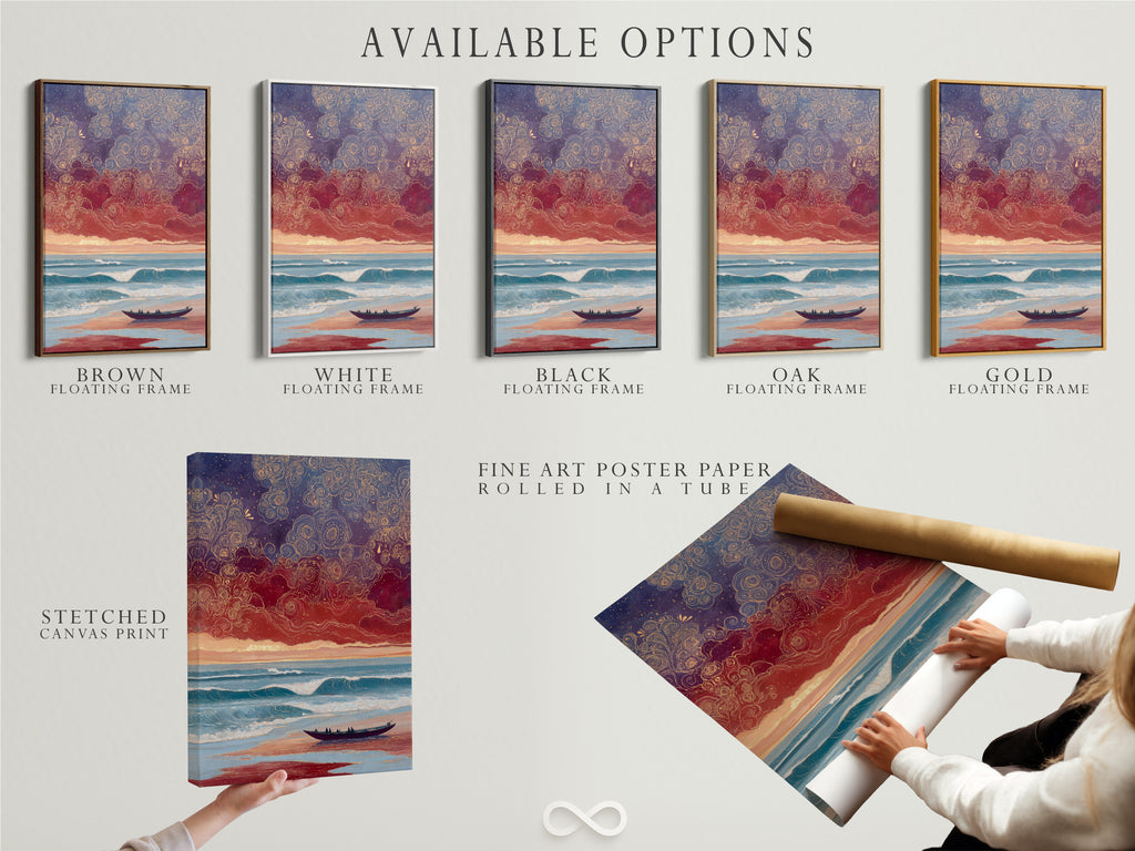 Available options include stretched canvas prints fine art poster paper and floating frames. Create your perfect coastal artwork. Choose the format that suits your style. Enhance your home with ocean wall art. Display your dreamy seascape in style. Select the perfect option for your space.