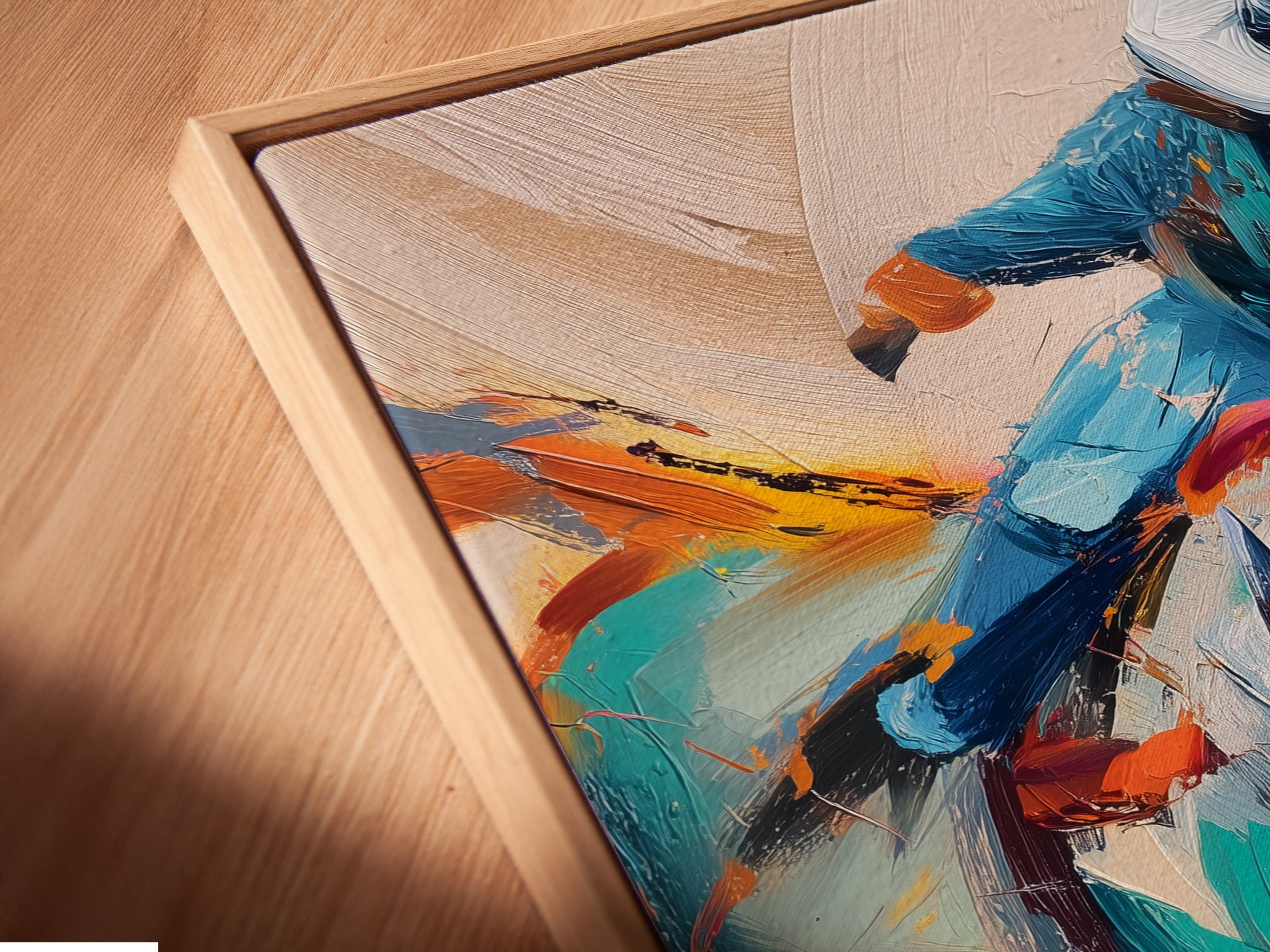 Get a close-up view of a canvas print in a floating frame. Showcasing cowboy rodeo canvas art. The floating frame enhances the artwork. Perfect for adding a touch of elegance to your space. Discover the beauty.