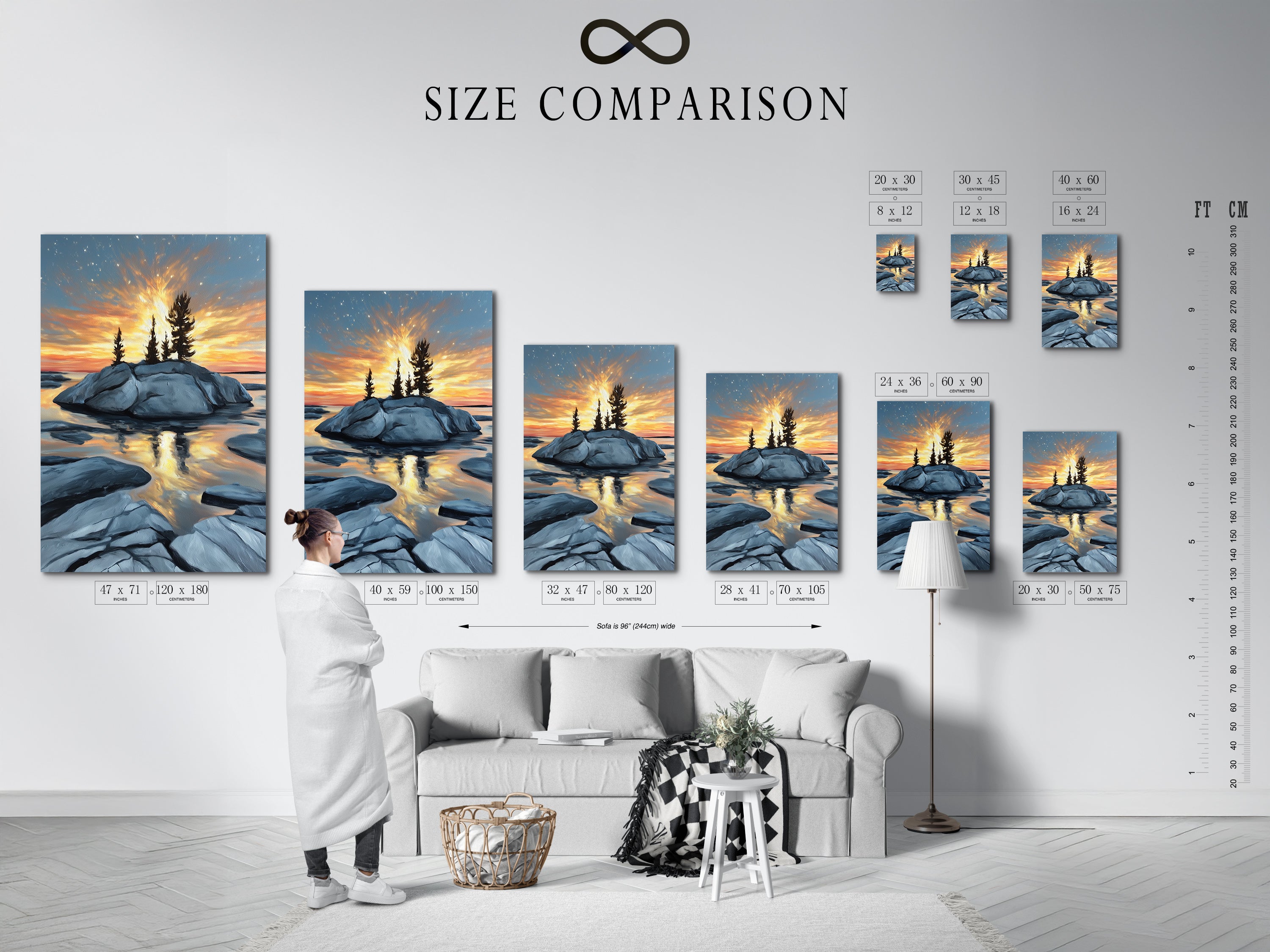 Size comparison chart in an interior setting featuring the coastal sunset artwork. Golden hour seascape photography brings a calming nature-inspired style. Perfect wall art for living rooms and bedrooms. Serene art