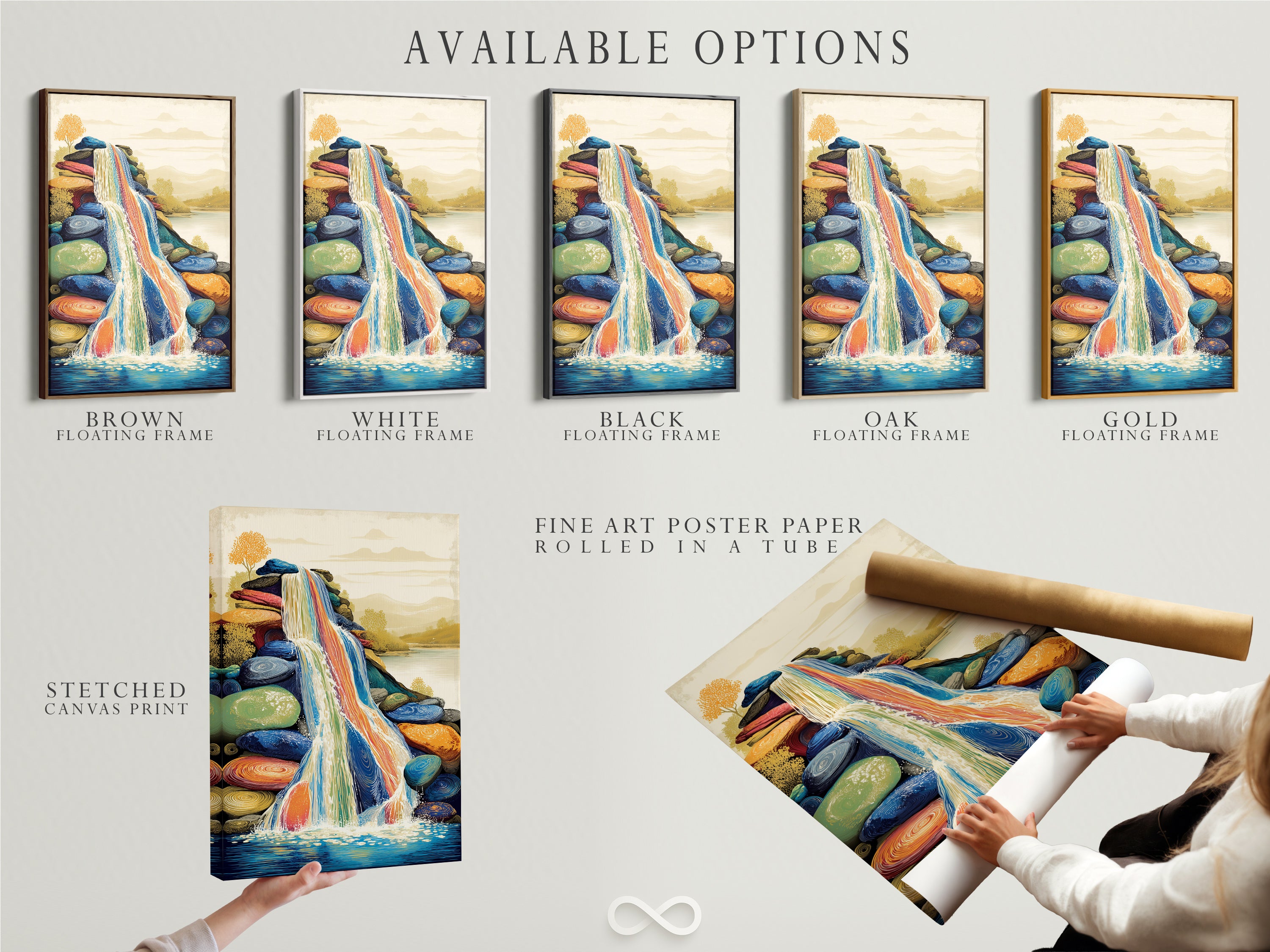Available options for the colorful waterfall artwork are displayed. Choose from a stretched canvas print fine art poster paper or floating frame. This abstract nature art will complement any style. Perfect for any room.
